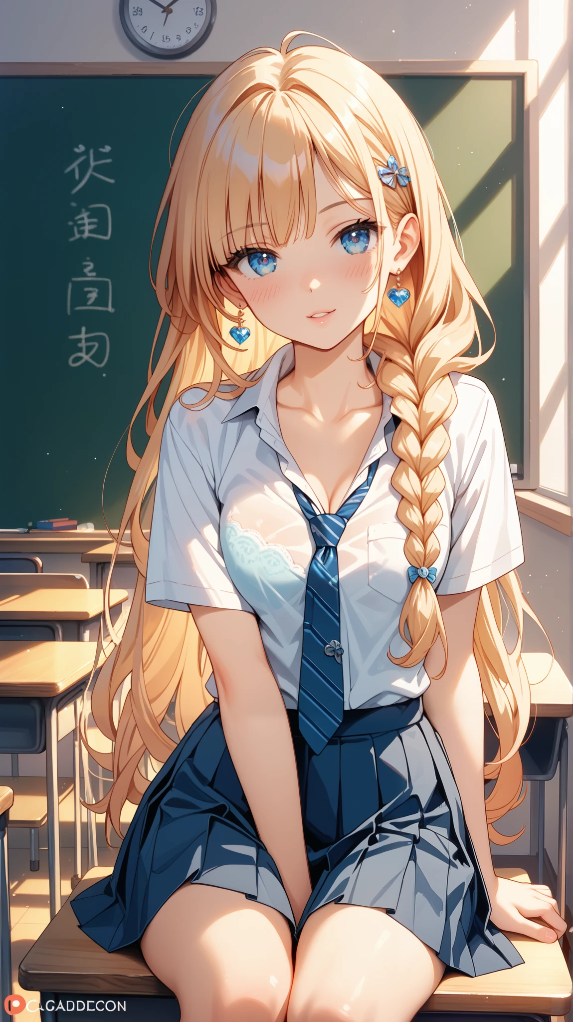 Create an image of a young woman sitting confidently on a school desk in a classroom setting. She has very long hair styled in a braid, cascading over her shoulder, and she gazes directly at the viewer with captivating blue eyes. She is wearing a classic school uniform consisting of a white collared shirt with short sleeves, a pleated skirt, and a necktie. The shirt is slightly translucent, subtly revealing the outline of her bra, adding a touch of realism and modesty. Her posture is relaxed, with one arm supporting her as she sits on the desk, her legs elegantly crossed, highlighting her thighs. Her expression is calm and composed, with a gentle blush on her cheeks, emphasizing her collarbone. The classroom is depicted with a chalkboard in the background, and the lighting is soft, creating a warm and inviting atmosphere. The overall mood is one of quiet confidence and poise, capturing a moment of introspection and elegance.