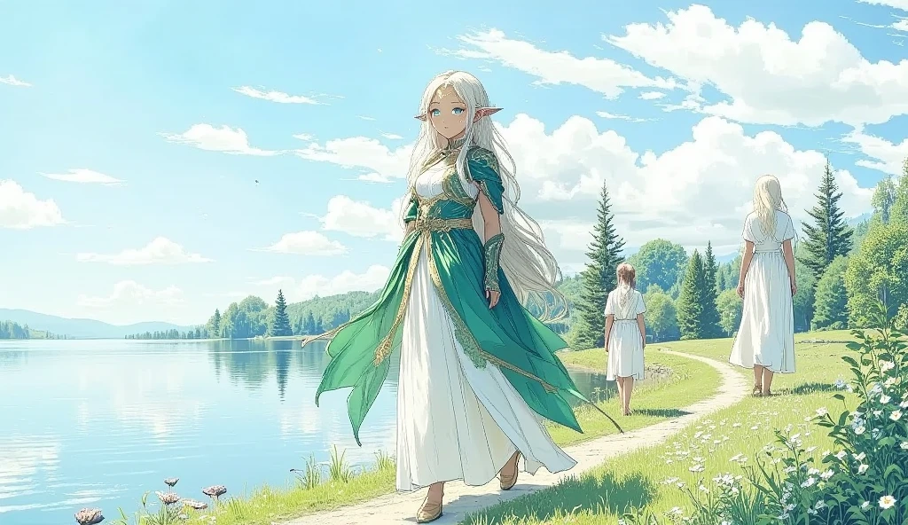 (Masterpiece:1.3,  top quality :1.3,  detailed depiction  :1.3,  HD :1.3, High Quality Anime Painting  ),2girl break ( 1girl , Elven Swordsman, Flying Cape, breastplate, like々Shiny Green Dress ,  Swaying Skirt ,  Lapierre sticks out,  is smiling, whole body) break ( 1girl , Daikon,  Daikon Arraune ,  White Dress ,  adorable,  She's Watching Elves ,  She's Walking with an Elf Woman),  (background\Beautiful lakeside), (side view, Vision,  Fantasy Animated Art ,  fantastic use of colors,  Expression of the Highest Colors ,  Incredibly Beautiful Color Expression ,  Pale and Gentle Watercolor Art , Beautiful expression of light)