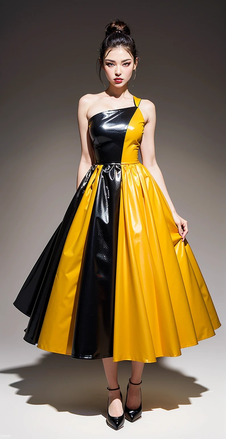 highest quality,masterpiece,Ultra-high resolution,(Actual:1.4),Original photo,Ultra-high resolution，8k，There are also women，Fair skin，Sunshine yellow and cool black collaboration dress:1.5，High heels，Long legs:1.5，Bright and beautiful，high waist，Flashy makeup using red eyeshadow，