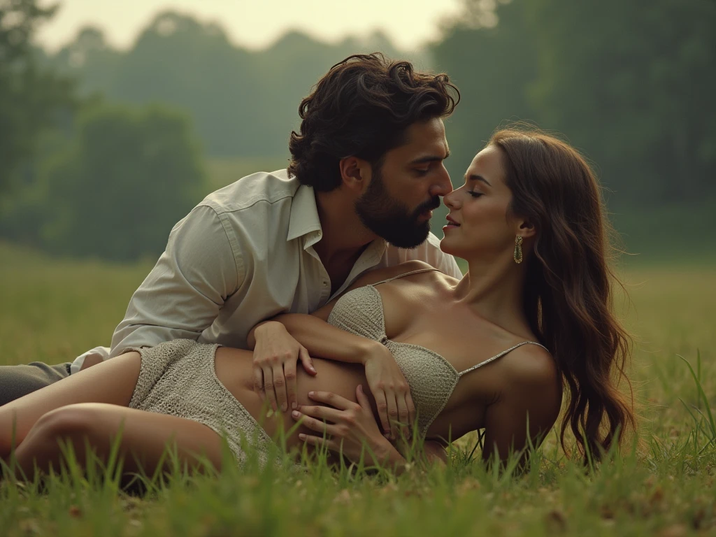 masterpiece, extremely detailed face, detailed clothes, cinematic lighting, long shoots, best quality, outdoors, a couple of lovers are on a boat in the middle of the ocean, the atmosphere is raining, the beautiful woman is leaning on her man's chest, wearing a white shirt, they are in the rain, their clothes and hair are a little wet because of rain