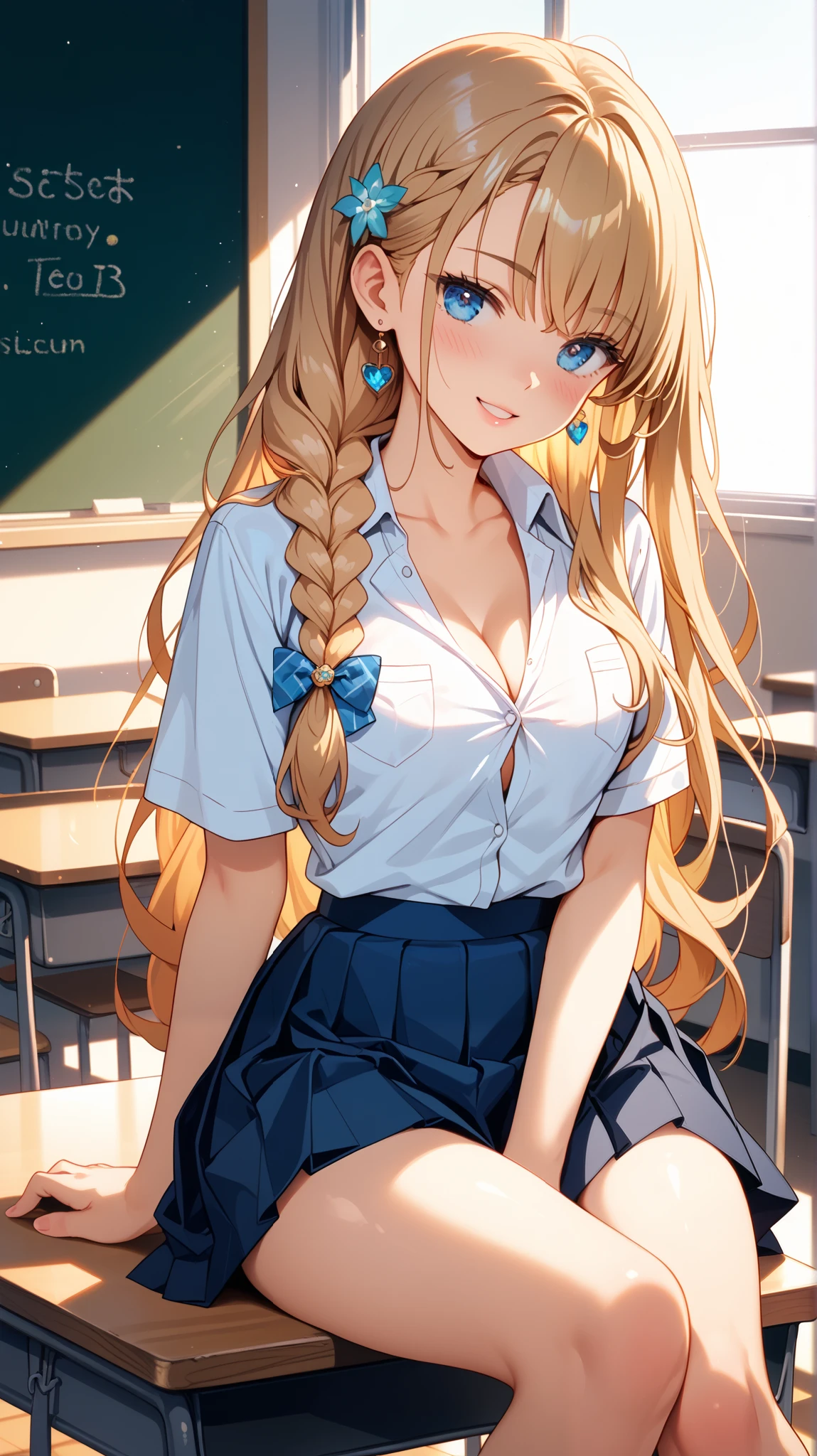 Create an image of a young woman sitting confidently on a school desk in a classroom setting. She has very long hair styled in a braid, cascading over her shoulder, and she gazes directly at the viewer with captivating blue eyes. She is wearing a classic school uniform consisting of a white collared shirt with short sleeves, a pleated skirt, and a necktie. The shirt is slightly translucent, subtly revealing the outline of her bra, adding a touch of realism and modesty. Her posture is relaxed, with one arm supporting her as she sits on the desk, her legs elegantly crossed, highlighting her thighs. Her expression is calm and composed, with a gentle blush on her cheeks, emphasizing her collarbone. The classroom is depicted with a chalkboard in the background, and the lighting is soft, creating a warm and inviting atmosphere. The overall mood is one of quiet confidence and poise, capturing a moment of introspection and elegance.
