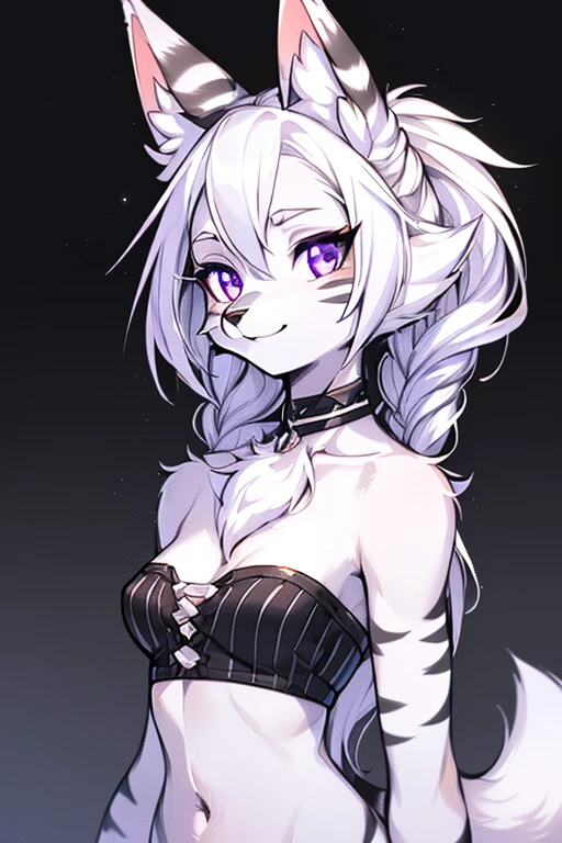 Solo, a female white wolf, feminine, long white hair, purple eyes, black nose, cute snout, white wolf tail, white fluffy ears, wearing black tank top, purple eyes, purple mascara, mouth open, raised eyebrows, by hyattlen, by claweddrip, by fumiko, high quality, Pog
