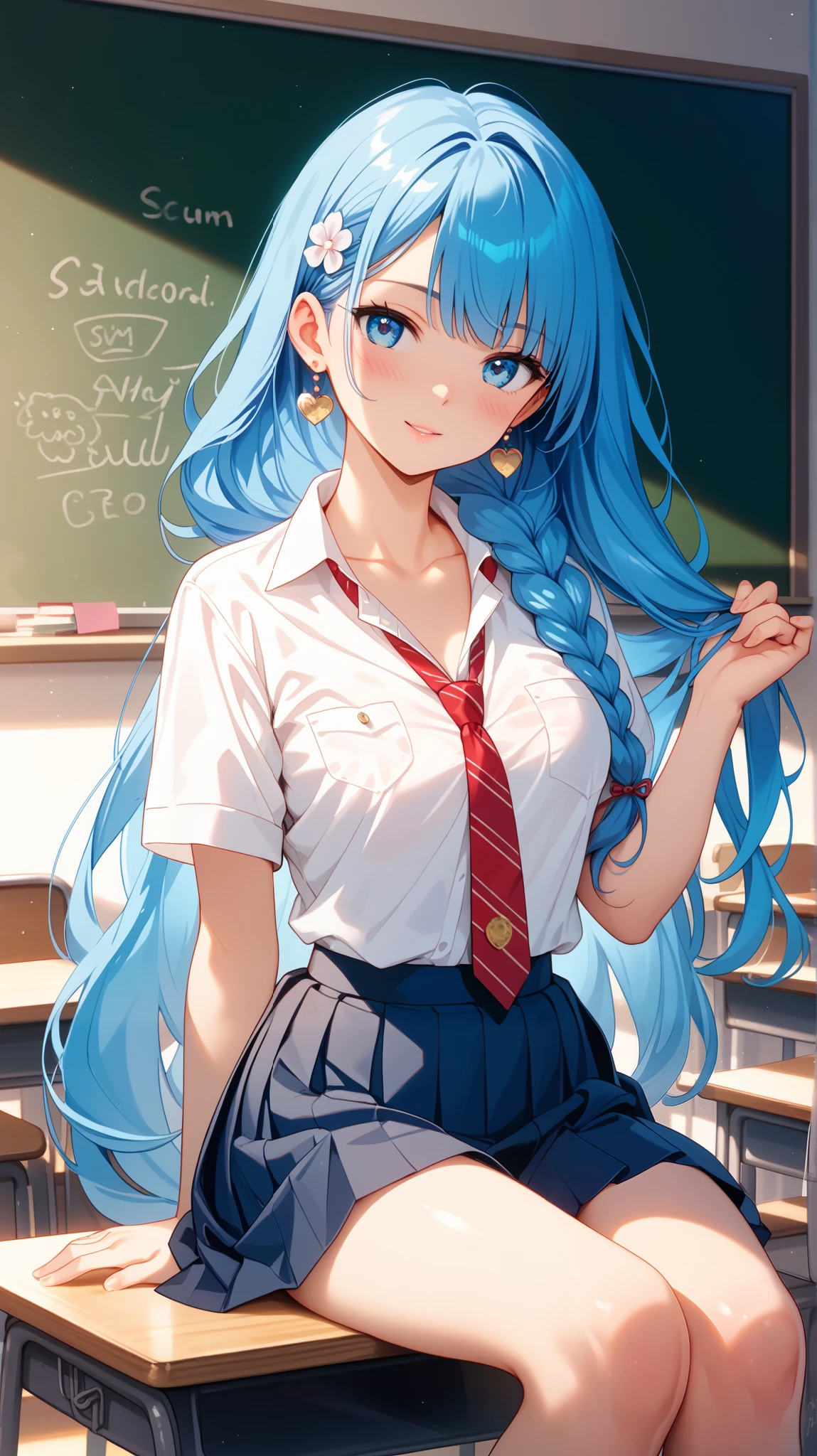 Create an image of a young woman sitting confidently on a school desk in a classroom setting. She has very long hair styled in a braid, cascading over her shoulder, and she gazes directly at the viewer with captivating blue eyes. She is wearing a classic school uniform consisting of a white collared shirt with short sleeves, a pleated skirt, and a necktie. The shirt is slightly translucent, subtly revealing the outline of her bra, adding a touch of realism and modesty. Her posture is relaxed, with one arm supporting her as she sits on the desk, her legs elegantly crossed, highlighting her thighs. Her expression is calm and composed, with a gentle blush on her cheeks, emphasizing her collarbone. The classroom is depicted with a chalkboard in the background, and the lighting is soft, creating a warm and inviting atmosphere. The overall mood is one of quiet confidence and poise, capturing a moment of introspection and elegance.