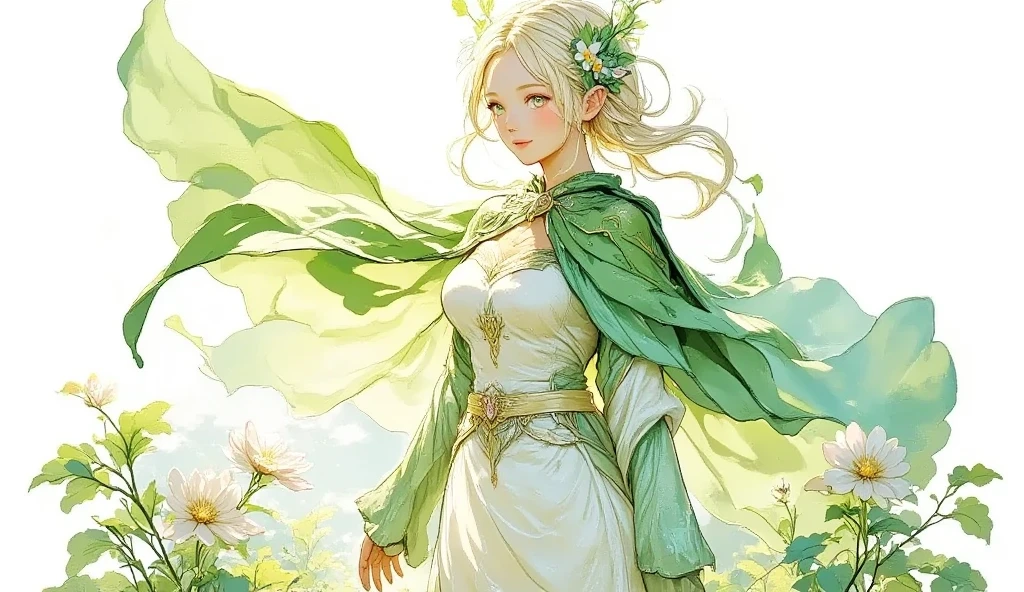 (Masterpiece:1.3,  top quality :1.3,  detailed depiction  :1.3,  HD :1.3, High Quality Anime Painting  ),2girl break ( 1girl , Elven Swordsman, Flying Cape, breastplate, like々Shiny Green Dress ,  Swaying Skirt ,  Lapierre sticks out,  is smiling, whole body) break ( 1girl , Daikon,  Daikon Arraune ,  White Dress ,  adorable,  She's Watching Elves ,  She's Walking with an Elf Woman),  (background\Beautiful lakeside), (side view, Vision,  Fantasy Animated Art ,  fantastic use of colors,  Expression of the Highest Colors ,  Incredibly Beautiful Color Expression ,  Pale and Gentle Watercolor Art , Beautiful expression of light)