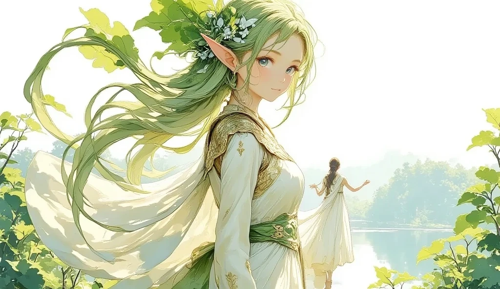 (Masterpiece:1.3,  top quality :1.3,  detailed depiction  :1.3,  HD :1.3, High Quality Anime Painting  ),2girl break ( 1girl , Elven Swordsman, Flying Cape, breastplate, like々Shiny Green Dress ,  Swaying Skirt ,  Lapierre sticks out,  is smiling, whole body) break ( 1girl , Daikon,  Daikon Arraune ,  White Dress ,  adorable,  She's Watching Elves ,  She's Walking with an Elf Woman),  (background\Beautiful lakeside), (side view, Vision,  Fantasy Animated Art ,  fantastic use of colors,  Expression of the Highest Colors ,  Incredibly Beautiful Color Expression ,  Pale and Gentle Watercolor Art , Beautiful expression of light)