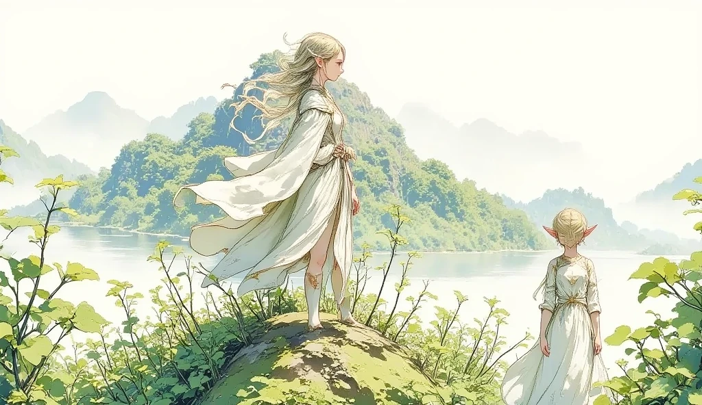 (Masterpiece:1.3,  top quality :1.3,  detailed depiction  :1.3,  HD :1.3, High Quality Anime Painting  ),2girl break ( 1girl , Elven Swordsman, Flying Cape, breastplate, like々Shiny Green Dress ,  Swaying Skirt ,  Lapierre sticks out,  is smiling, whole body) break ( 1girl , Daikon,  Daikon Arraune ,  White Dress ,  adorable,  She's Watching Elves ,  She's Walking with an Elf Woman),  (background\Beautiful lakeside), (side view, Vision,  Fantasy Animated Art ,  fantastic use of colors,  Expression of the Highest Colors ,  Incredibly Beautiful Color Expression ,  Pale and Gentle Watercolor Art , Beautiful expression of light)