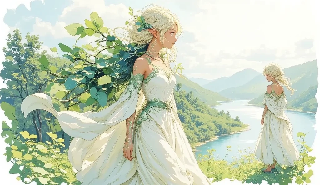 (Masterpiece:1.3,  top quality :1.3,  detailed depiction  :1.3,  HD :1.3, High Quality Anime Painting  ),2girl break ( 1girl , Elven Swordsman, Flying Cape, breastplate, like々Shiny Green Dress ,  Swaying Skirt ,  Lapierre sticks out,  is smiling, whole body) break ( 1girl , Daikon,  Daikon Arraune ,  White Dress ,  adorable,  She's Watching Elves ,  She's Walking with an Elf Woman),  (background\Beautiful lakeside), (side view, Vision,  Fantasy Animated Art ,  fantastic use of colors,  Expression of the Highest Colors ,  Incredibly Beautiful Color Expression ,  Pale and Gentle Watercolor Art , Beautiful expression of light)