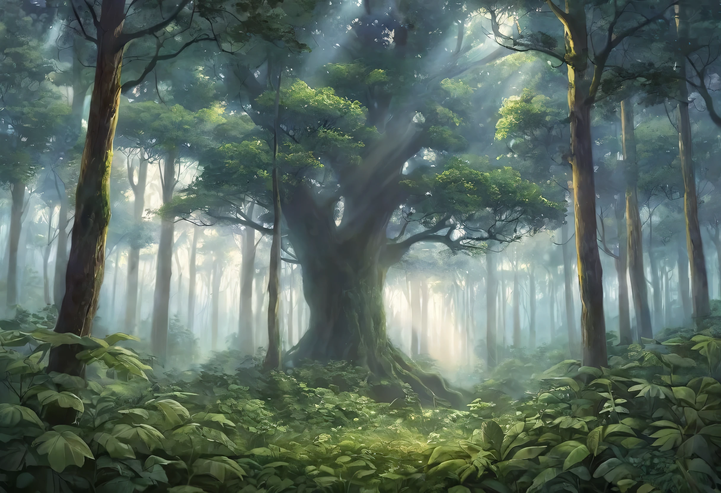 A deep forest at twilight, with trees whose branches intertwine, creating a canopy that envelops the sky. Mist drifts through the trees, and beams of ethereal light penetrate the forest floor, casting a magical glow. A sense of wonder and mystery fills the scene.