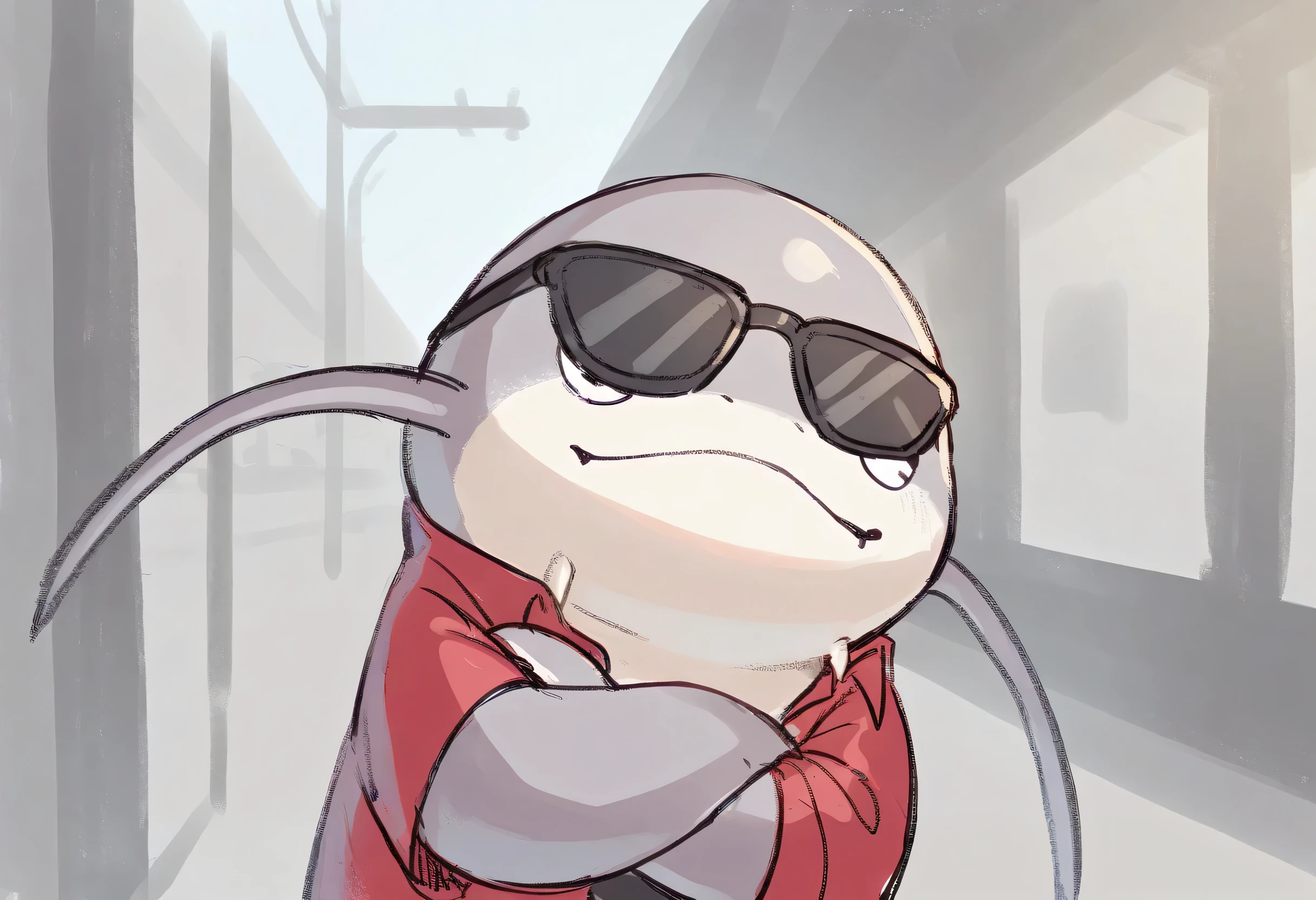 1other, namazu, dynamic pose, masterpiece, good quality, newest, very awa, absurdres, best quality, highres, enjoy, masterpiece, (16K), HD, Various facial details, detailed background, very detailed, dynamic poses, Eyes details, high resolution, high quality, correct anatomy, standing with crossed arms, Smug expression, shirt, Stunned, Flabbergasted, plaza, sunglasses, solo