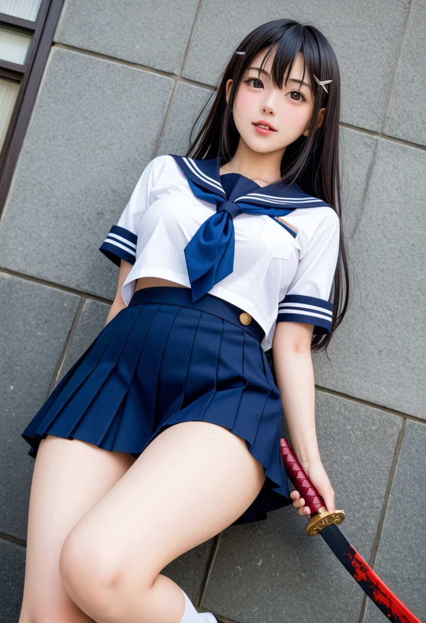 (8K, RAW Photos, Highest quality, masterpiece:1.2)、(Genuine、Realistic:1.37)、1 Girl、Japanese、Black Hair、Long Hair、(From below:1.4), (a 18years old pretty Japanese girl standing on rooftop of the building、school uniform)、((View your audience))、(White Sailor Suit High 、Ribbon on chest、mini skirt、Pink and gray checked pleated skirt、White panties)、(White panties can be seen from the pleated skirt)、((Sunset sky、cloud))