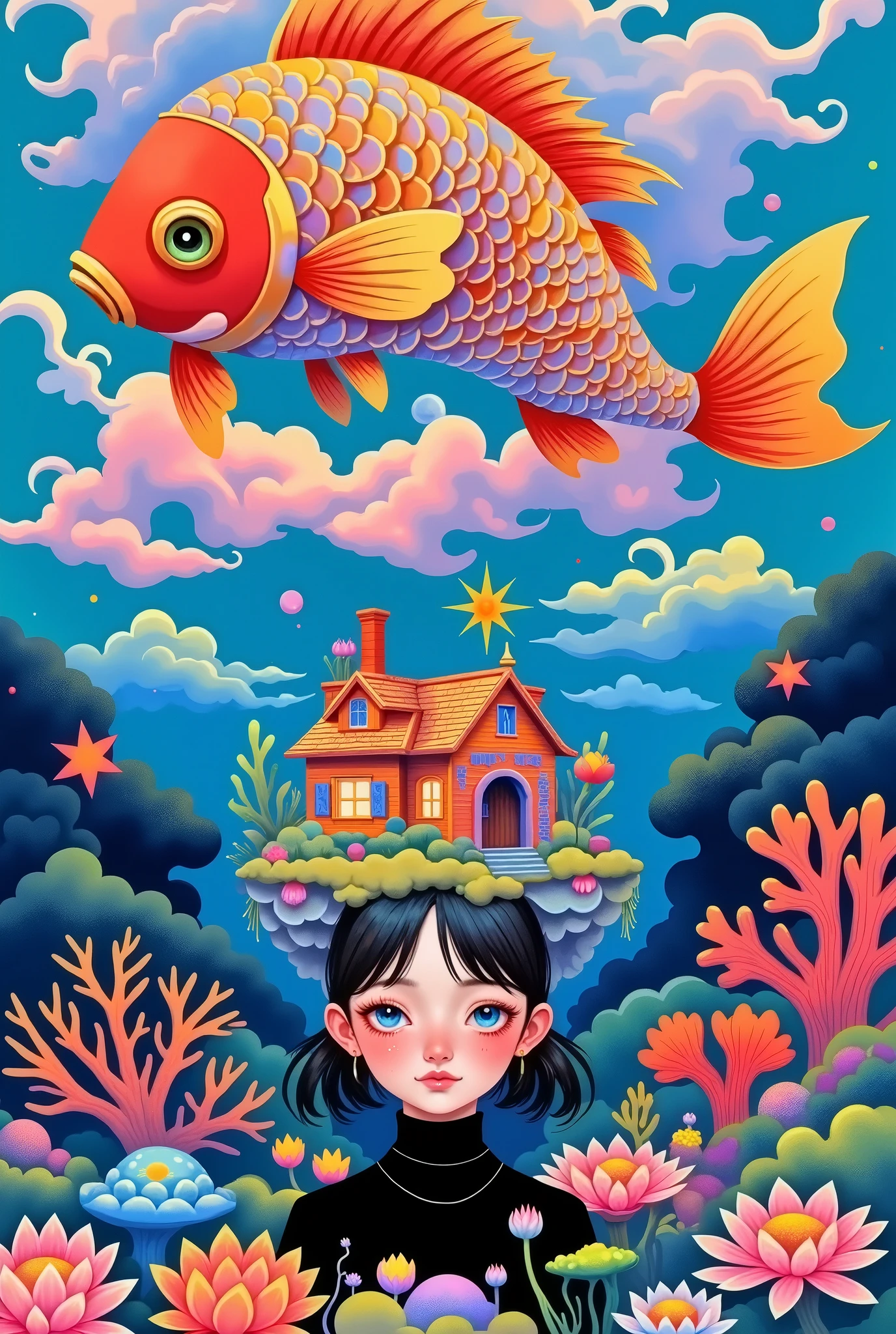 Big Fish,The house on the girl's head,coral,flower,black stand-up collar。Colorful clouds。