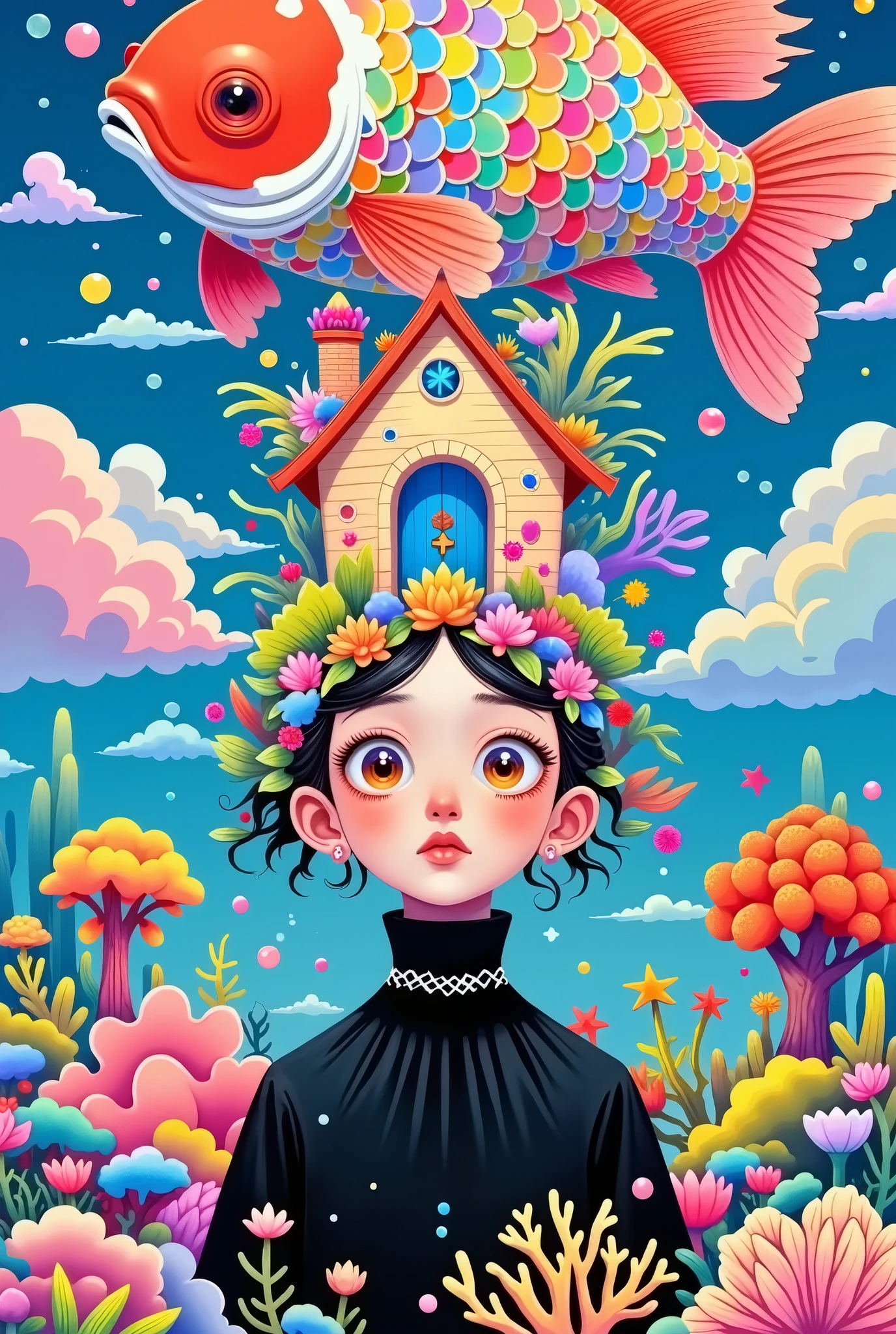 Big Fish，The house on the girl's head，coral，flower，black stand-up collar。Colorful clouds。
