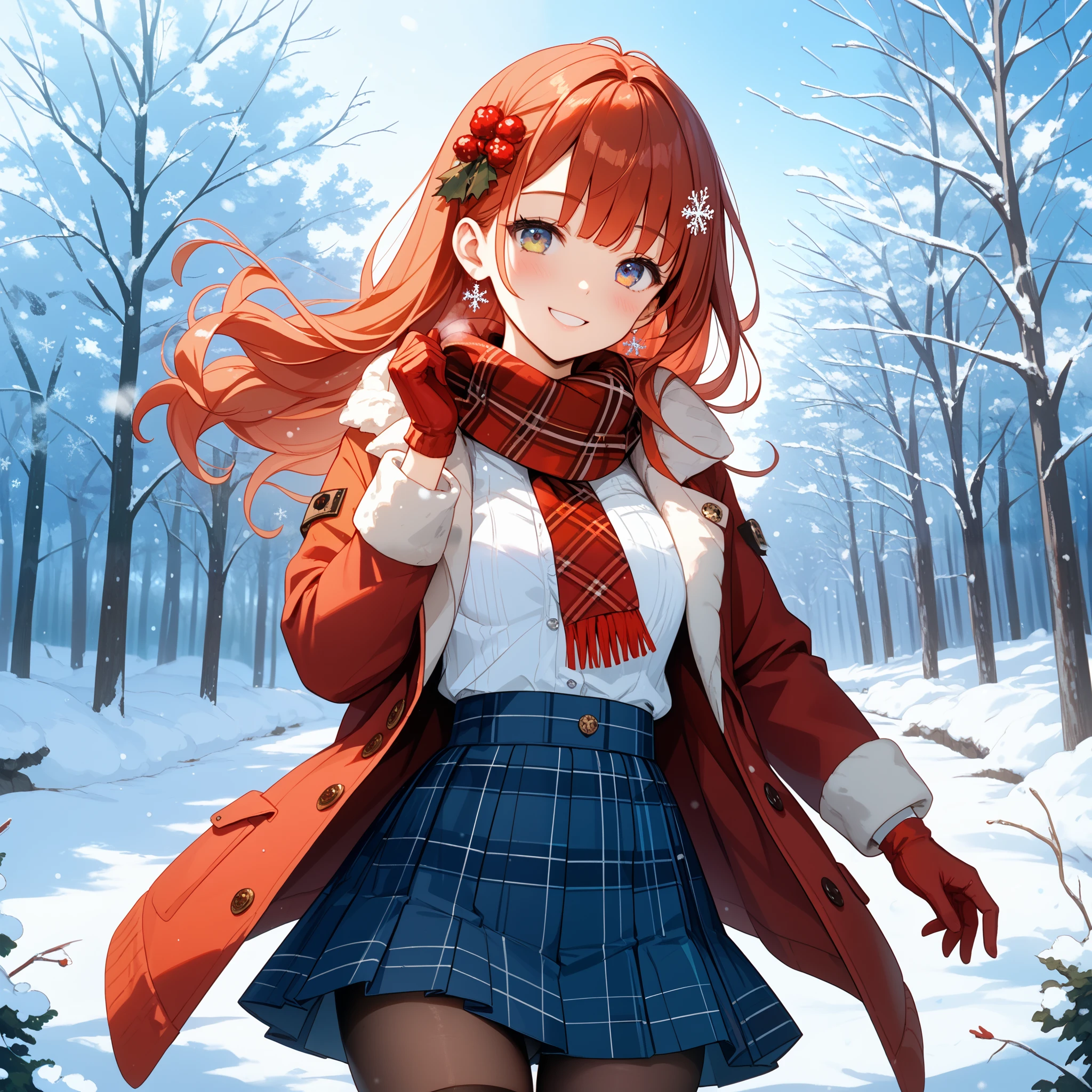 Create an image of a young woman standing outdoors in a snowy winter scene. She is wearing a stylish winter outfit, featuring a plaid pleated miniskirt and a matching plaid bow. Her long hair is adorned with a delicate hair ornament, and she wears a vibrant red scarf and matching red gloves. Her open jacket reveals a white shirt underneath, and her black thigh-high legwear creates a striking contrast against the snow. The scene captures her standing confidently amidst bare trees, with snow gently falling around her. Her expression is warm and inviting, with a smile and a hint of blush on her cheeks, and her eyebrows are visible through her bangs. The overall mood is cheerful and cozy, with the fringe trim of her open coat adding a touch of elegance. The setting is serene, with the soft snowflakes enhancing the wintery atmosphere.