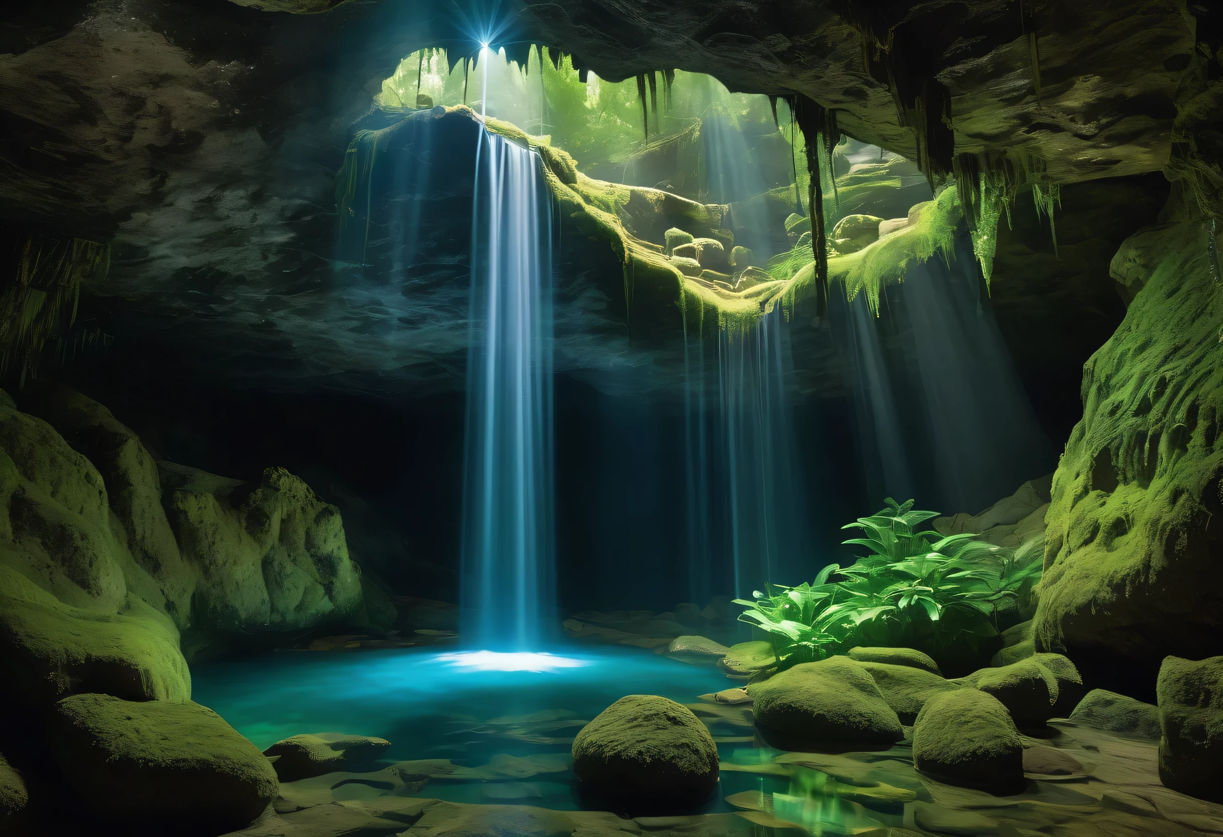 A hidden waterfall inside a cave, with crystal-clear water cascading over rocks. The glow of soft, natural light illuminates the waterfall and surrounding crystals, adding a sense of magic. Moss and strange plants cling to the cave walls, creating an atmosphere of ancient mystery.