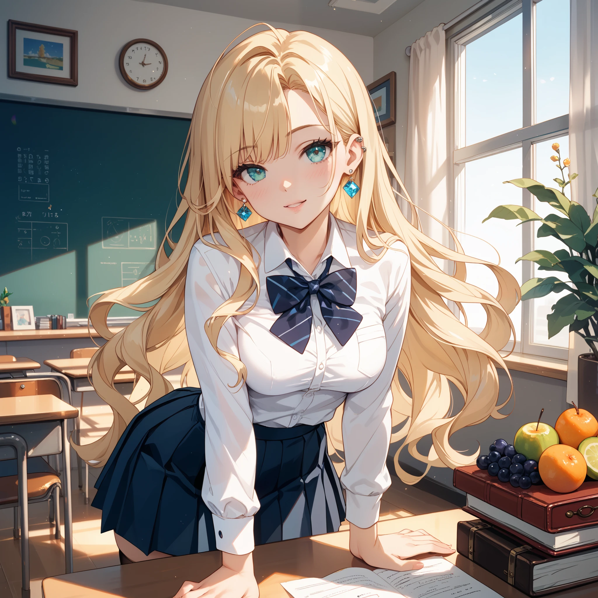 Create an image of a young woman with long, flowing blonde hair and striking aqua eyes, standing indoors in a school setting. She is wearing a classic school uniform consisting of a crisp white shirt with long sleeves, adorned with a black bowtie, and a pleated black skirt. Her outfit is complemented by black thigh-high socks, creating a zettai ryouiki effect, and she wears elegant earrings and an ear piercing that add a touch of sophistication.
The scene captures her leaning slightly forward, looking directly at the viewer with a gentle and inviting expression. Her medium-sized breasts are subtly outlined by the shirt, and a delicate bow is tied in her hair, adding a charming detail to her appearance. In front of her, on a desk, there is an assortment of colorful fruits and a cup, suggesting a casual and relaxed atmosphere. The lighting is soft, highlighting her features and the subtle sheen of her jewelry, creating a warm and inviting mood.