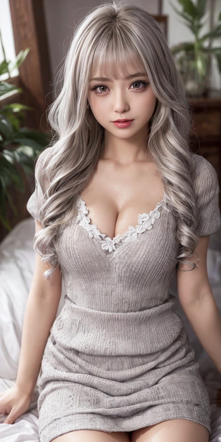 masterpiece, 8k, Realistic, Ultra-realistic, (One Girl, alone),
_ The most beautiful, idol carving, 24-years-old, 170cm, (((Large Breasts, Cleavage))), ((Tight waist, Round Hips, Toned thighs, Toned arms):1.3), Small face, Diamond Face, ((Small Head, Small Nose, Small Mouth)), Sharp face line, break ((Big eyes, double eyelid, puppet, Droopy eyes):1.3), ((smile, Small lips, teeth:1.3)), (Mole under the eye:1.2), (glistening White teeth), blue eyes, Heavy makeup, Thin eyebrows, Glowing Skin, Detailed skin, Detailed face, Perfect Eyes, Shiny Hair, Long eyelashes
_
break (Black Theme and White:1.2), (Love hotel bed:1.8), very, Blurred, Blurred background,  Cinema Lighting, 
_
break ((Lower Body)), Are standing, From behind, Ass Focus, 
break (Black Theme:1.2), ((expensive_Neck knit sweater, there is nothing_cut out, Black knit_dress:1.4)), (fish net stockings:1.4), (Silver earrings, Silver Bracelet, Silver Necklace:1.2), 
_ RAW Photos,