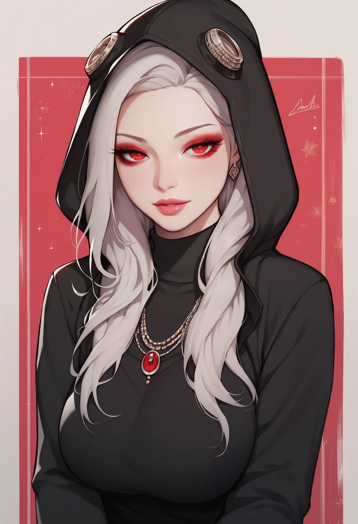 score_9, score_8_up, score_7_up, score_6_up, score_5_up, score_4_up, BREAK 1girl, intricate, black sweatshirt, hood on head, slightly open, long sleeves, seductive neckline, Yakuza outfit , (eyeliner:1.2), looking at viewer, silver hair, red eyes, long hair, pink lips , pale skin, jewelry, detailed background, big breasts (masterpiece, high quality:1), bedroom, voluptuous body, mature woman