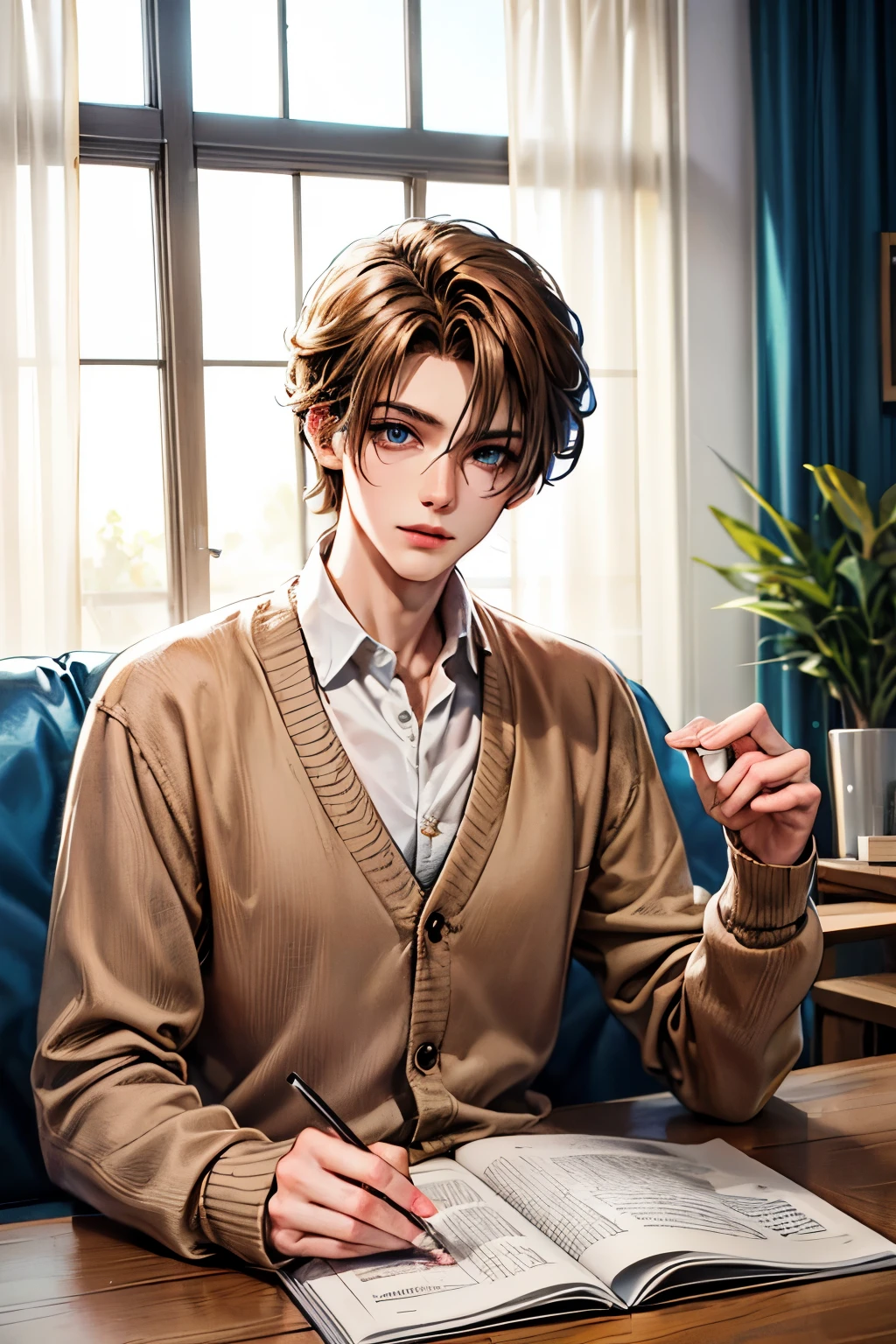 a handsome guy with light brown hair and blue eyes, curtained hair, brown cardigan, white shirt, warm and calm mood, indoor, cosy space.