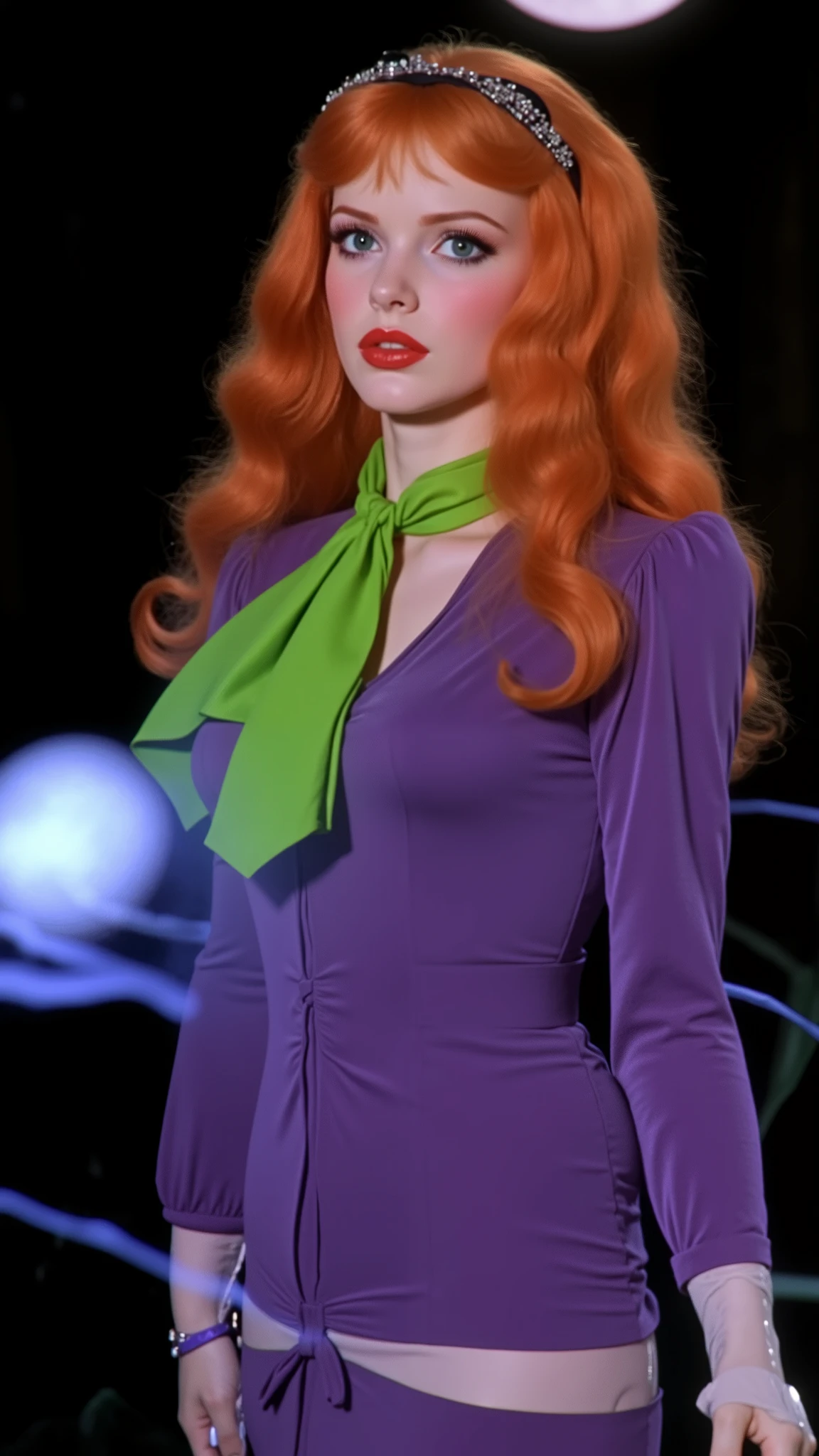 A realistic depiction of Daphne Blake from Scooby-Doo as a dark fantasy character, styled in a 1970s Panavision cinematic look, with deep, dramatic shadows. A beautiful young woman with shoulder-length hair, a simple tiara to hold back her lilac hair, slightly wavy, red, 1960s-style hair, a purple 1960s-style dress, with a green scarf around her neck, red wigs, black eyes, young and pretty, attractive, . lilac shoes. The scene captures her in a mysterious gothic forest, with fog and faint moonlight, highlighting her elegance and bravery in the dark fantasy setting. Ultra-detailed fabrics, realistic facial features and dramatic cinematic framing.
