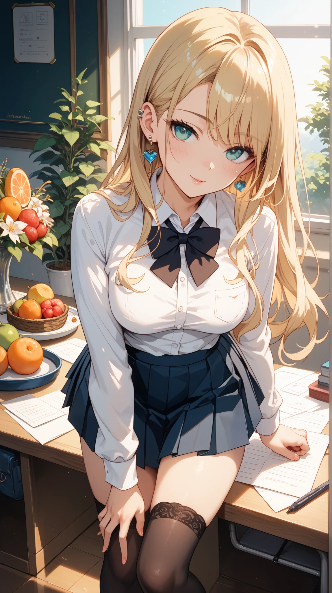 Create an image of a young woman with long, flowing blonde hair and striking aqua eyes, standing indoors in a school setting. She is wearing a classic school uniform consisting of a crisp white shirt with long sleeves, adorned with a black bowtie, and a pleated black skirt. Her outfit is complemented by black thigh-high socks, creating a zettai ryouiki effect, and she wears elegant earrings and an ear piercing that add a touch of sophistication. 

The scene captures her leaning slightly forward, looking directly at the viewer with a gentle and inviting expression. Her medium-sized breasts are subtly outlined by the shirt, and a delicate bow is tied in her hair, adding a charming detail to her appearance. In front of her, on a desk, there is an assortment of colorful fruits and a cup, suggesting a casual and relaxed atmosphere. The lighting is soft, highlighting her features and the subtle sheen of her jewelry, creating a warm and inviting mood.