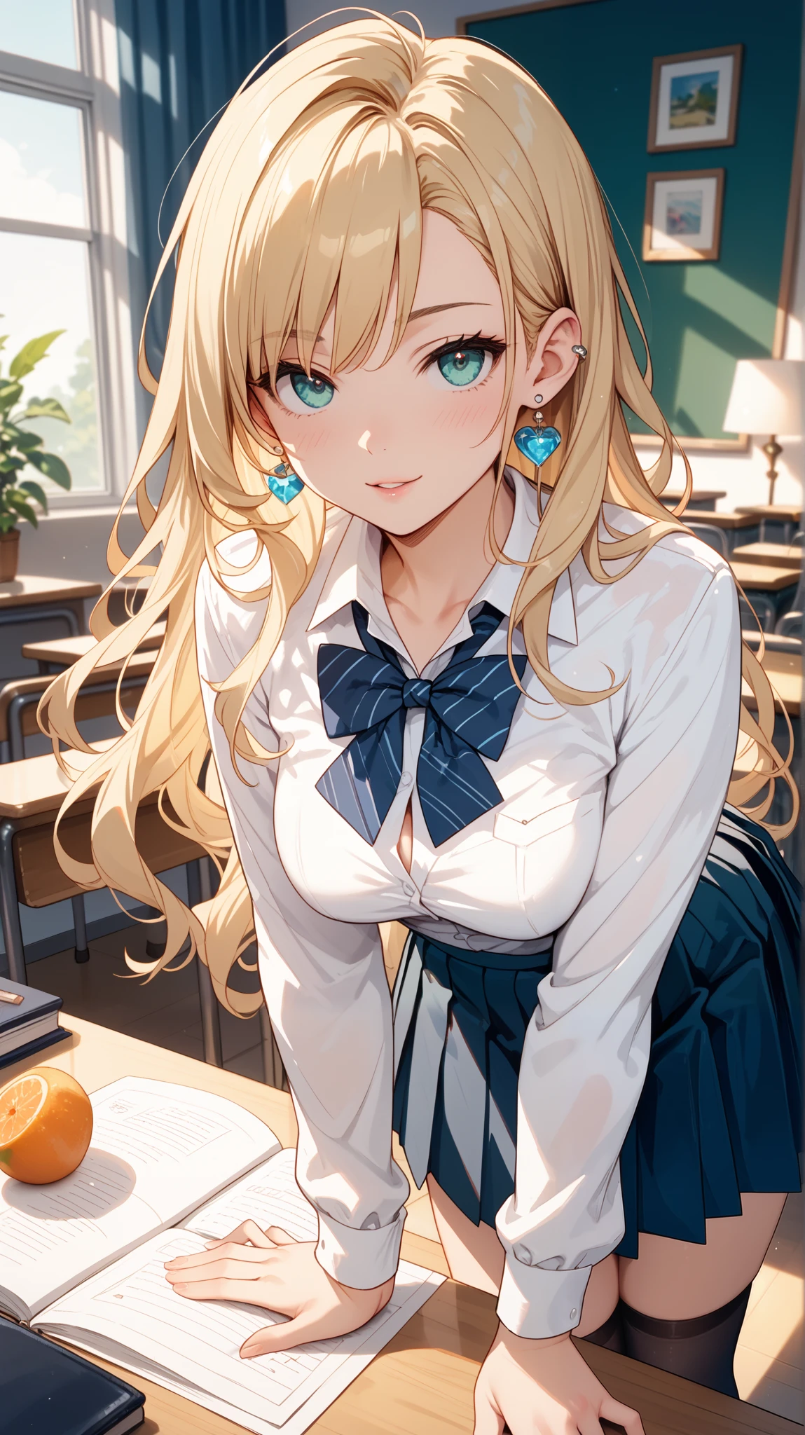 Create an image of a young woman with long, flowing blonde hair and striking aqua eyes, standing indoors in a school setting. She is wearing a classic school uniform consisting of a crisp white shirt with long sleeves, adorned with a black bowtie, and a pleated black skirt. Her outfit is complemented by black thigh-high socks, creating a zettai ryouiki effect, and she wears elegant earrings and an ear piercing that add a touch of sophistication.
The scene captures her leaning slightly forward, looking directly at the viewer with a gentle and inviting expression. Her medium-sized breasts are subtly outlined by the shirt, and a delicate bow is tied in her hair, adding a charming detail to her appearance. In front of her, on a desk, there is an assortment of colorful fruits and a cup, suggesting a casual and relaxed atmosphere. The lighting is soft, highlighting her features and the subtle sheen of her jewelry, creating a warm and inviting mood.