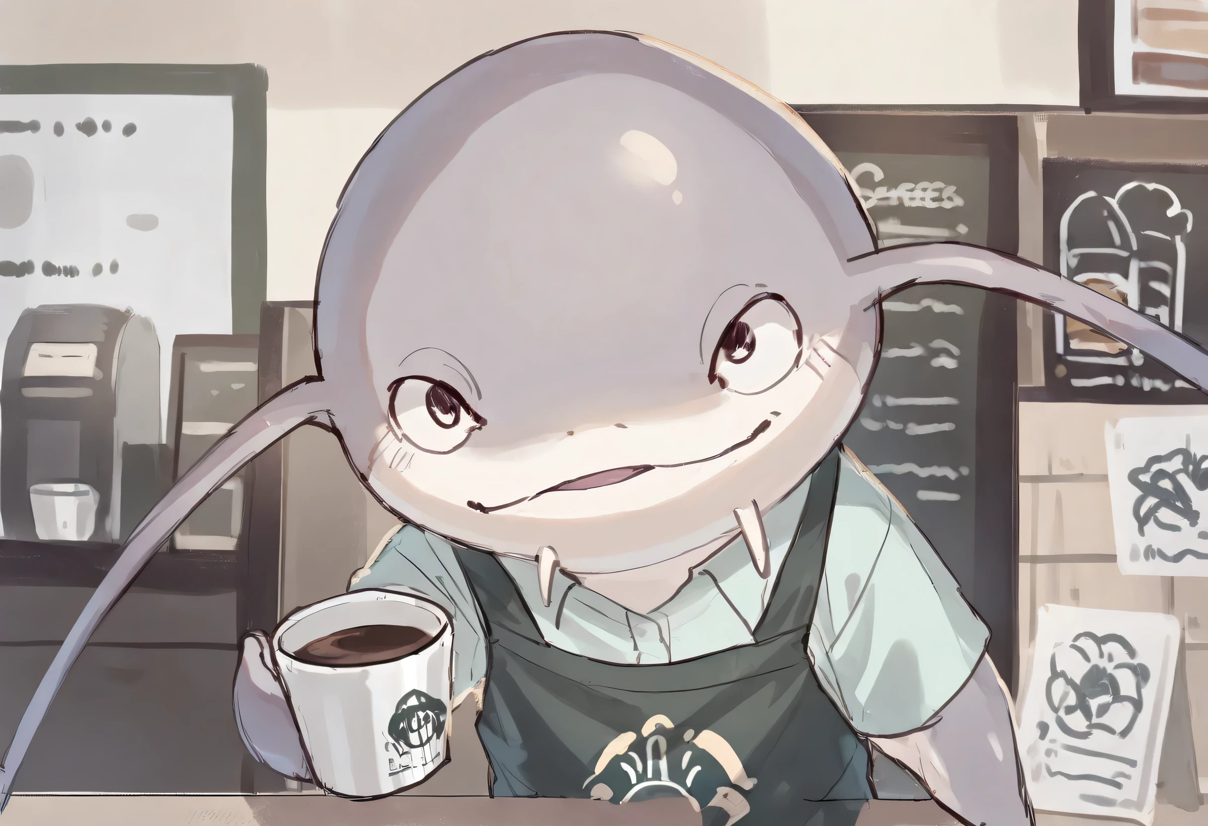 1other, namazu, dynamic pose, masterpiece, good quality, newest, very awa, absurdres, best quality, highres, enjoy, masterpiece, (16K), HD, Various facial details, detailed background, very detailed, dynamic poses, Eyes details, high resolution, high quality, correct anatomy, enjoy, shirt, coffee shop, drink coffee
