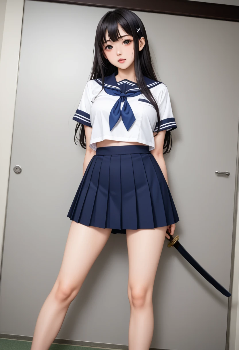 Masterpiece、highest quality、Woman 1、Super detailed、Woman looking up from directly below　Black Hair　Face seen from below　Japanese 、Sailor suit、Pleated skirt、Skirt over swimsuit　Soft thighs、Thick legs、stomach　skirt lift、Swimsuit under skirt　ceiling