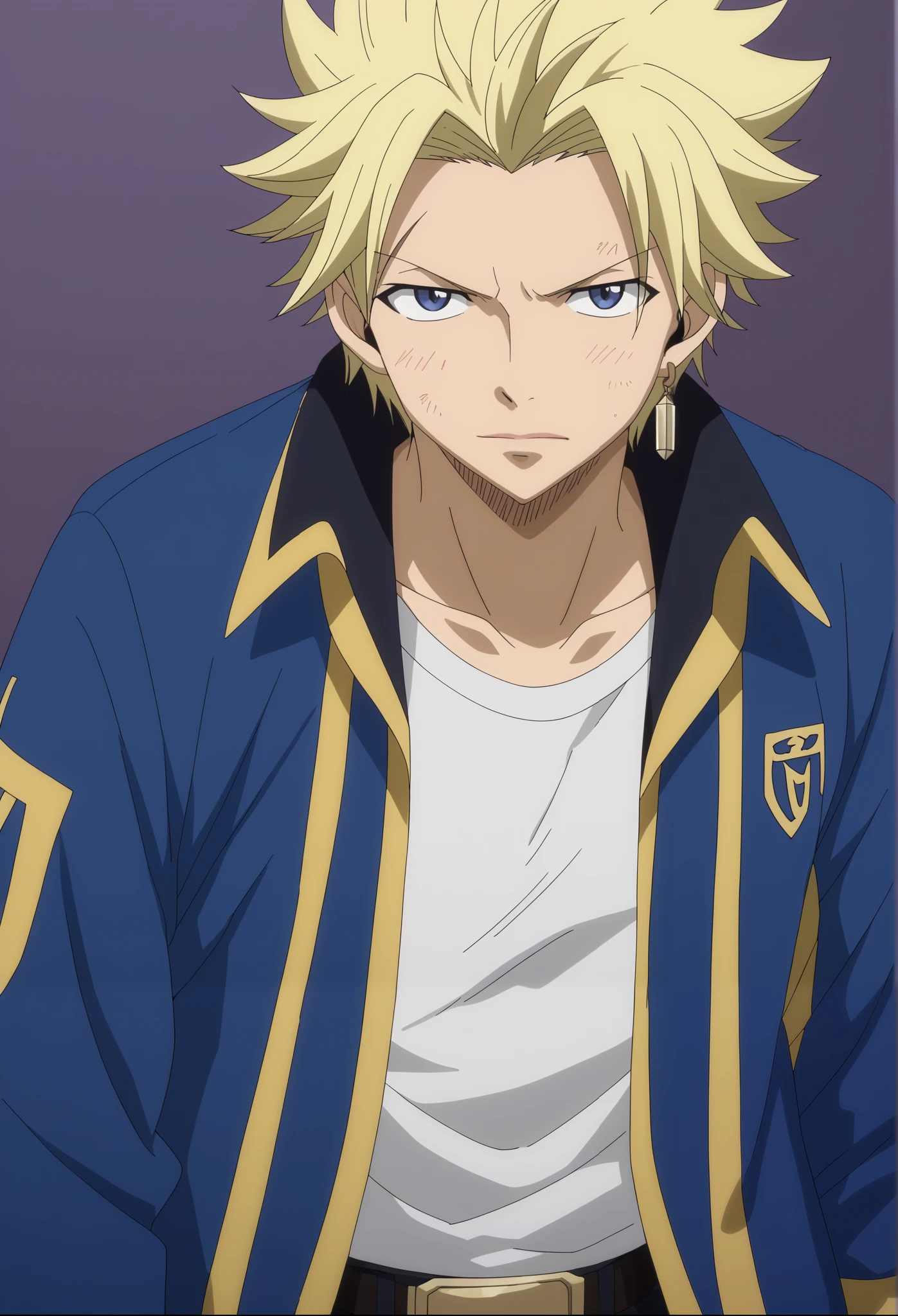 front view, Frontal portrait, close-up, looking at viewer, score_9, score_8_up, score_7_up, source_anime, StingFT, Sting blonde hair, light yellow Sting, 1boy, male focus, anime screencap, a blue men's jacket with gold or yellow details, which fits his athletic figure. Underneath, he wears a black long- or short-sleeved T-shirt. His pants are dark and tight fitting, and he completes the look with white fingerless gloves that add a modern touch. He also usually wears a belt with a decorative buckle.