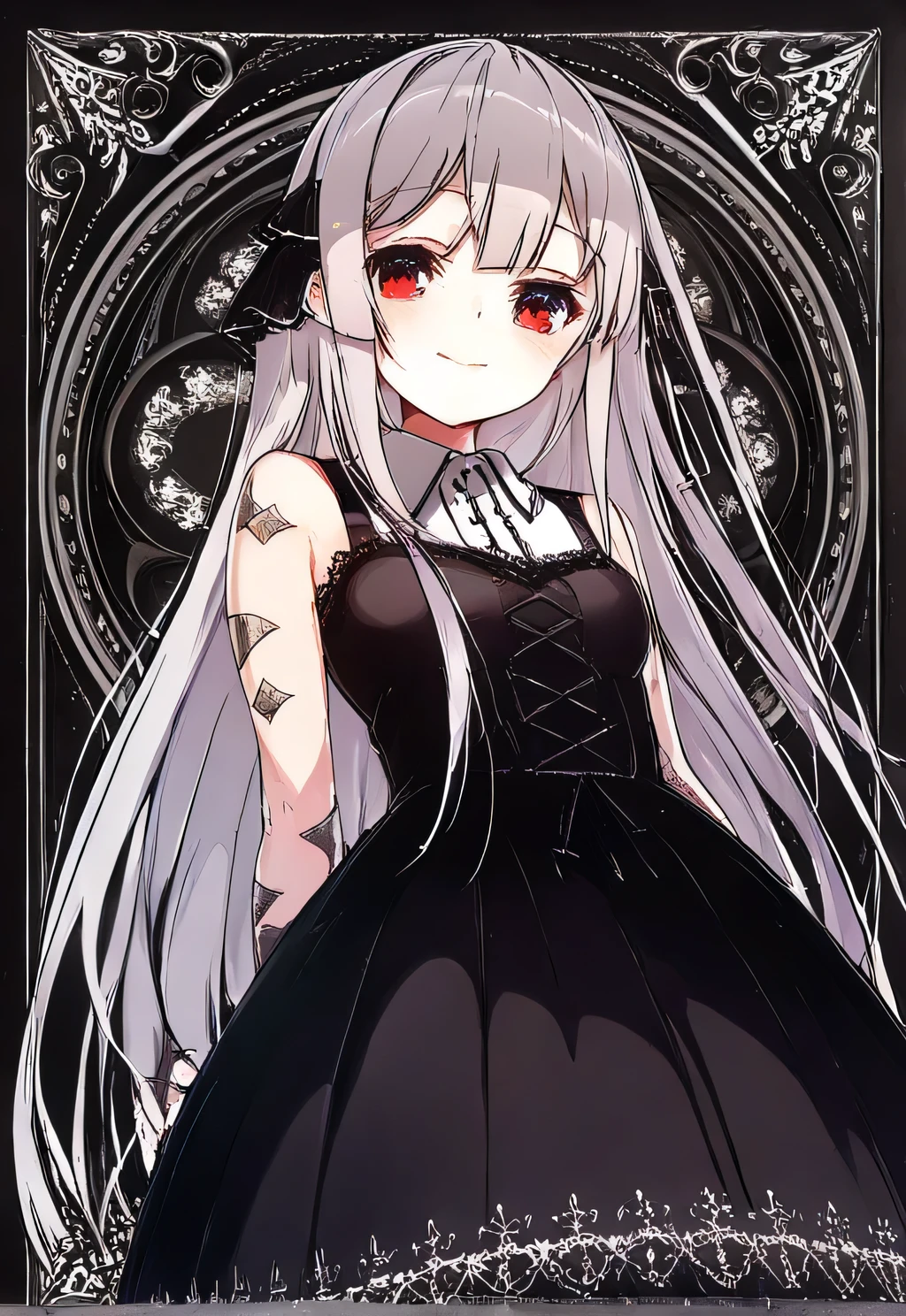 Kaguya, in a black dress and white collared shirt, wearing a black dress, goth, goth background, best quality,1girl, Solo, Long Hair, High Resolution, Masterpiece, Accurate, Anatomically Correct, Award Winning, Best Quality, Damaged, Detail, High Details, Quality, Super Detailed, UHD, Textured Skin, Retina, High Quality,