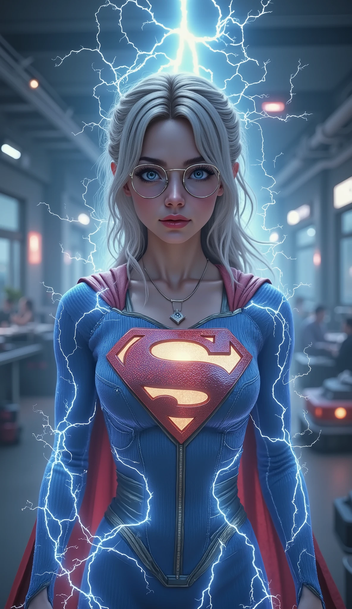 SO SEXY SO CUTE. SCREAMING IN PLEASURE AFTER BEING SEVERLY ELECTROCUTED. 3D ANIMATED STYLE. LARGE "S" EMBLEM APPEARS ON HER CHEST, BODY GROWING LARGER AS SHE TRANSFORMS INTO SUPERMAN. A SEXY YOUNG AUSTRALIAN GIRL WITH BLUE EYES, RED GLASSES, WHITE AND SILVER HAIR BRAIDED, WEARING A BLUE CORDUROY 1980 3D TEXTURED SUPERMAN COSTUME AND RED CAPE STARING AT THE VIEWER. PHOTO REALISTIC, INTRICATE DETAILS, INTICATE TEXTURES, PROESSIONAL 4K RENERING. POWERING UP, SEMI REALISTIC. MASSIVE AMOUNTS OF ELECTRICITY SURGING THROUGH HER.