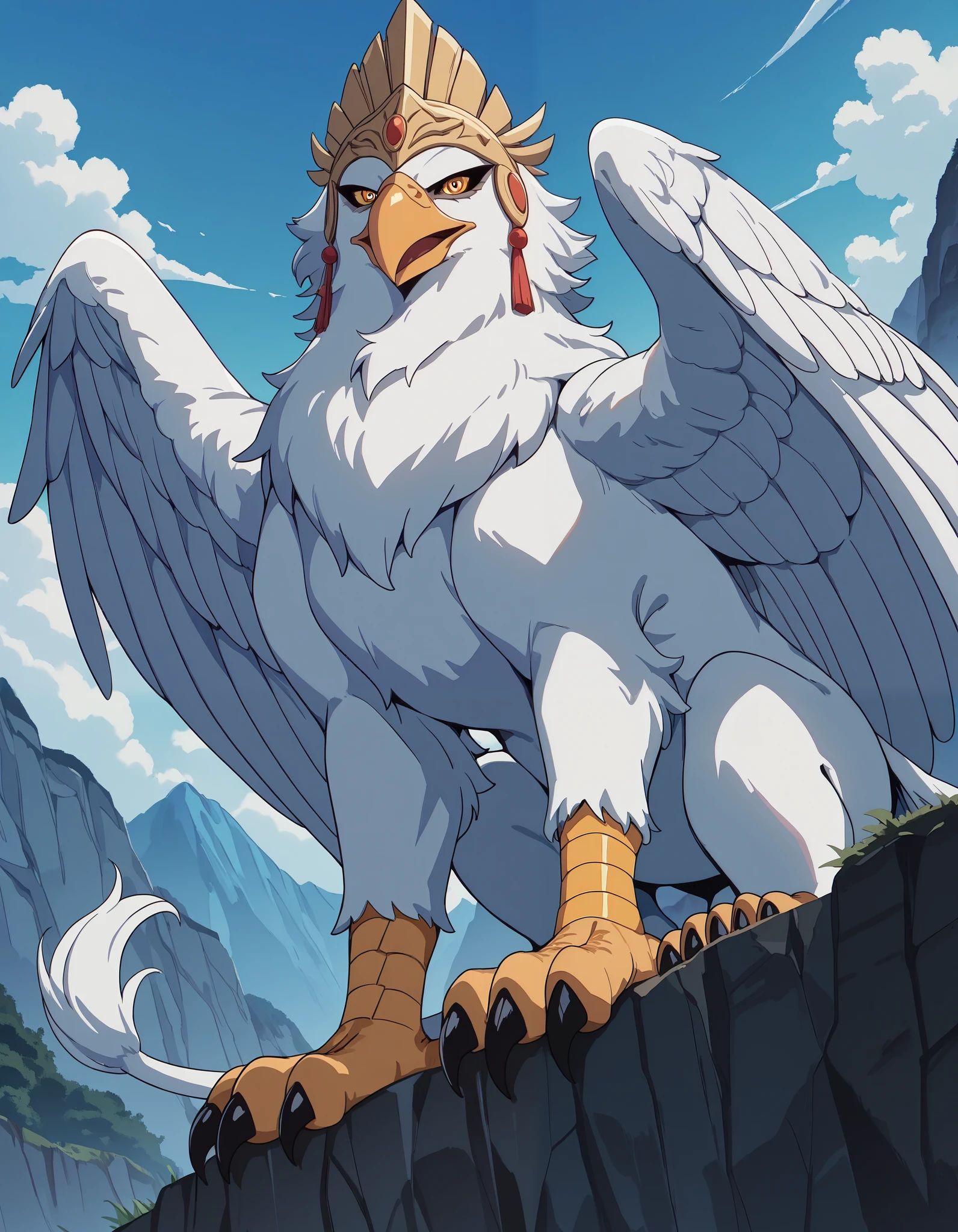 score_9, score_8_up, score_7_up, score_6_up, score_5_up, score_4_up, anime_source, (masterpiece), (anime_screencap), (1990's anime), (Griffin), Lion hybrid, (Eagle face), (long beak), (furry mane), ((lion low_torso)), on a cliff, on top of a mountain, with a view to the forest valley fellow, fur trim, absurd, puffy fur, large feathers, (big Eagle WINGS), (white feathers), (lion tail), (lion furry legs), big feathered headdress, highrest, UltraHD, 8k, fit physique, wide view, (Griffin antro:1.1), above the cliff, great light source, (((From bellow view))), low angle,