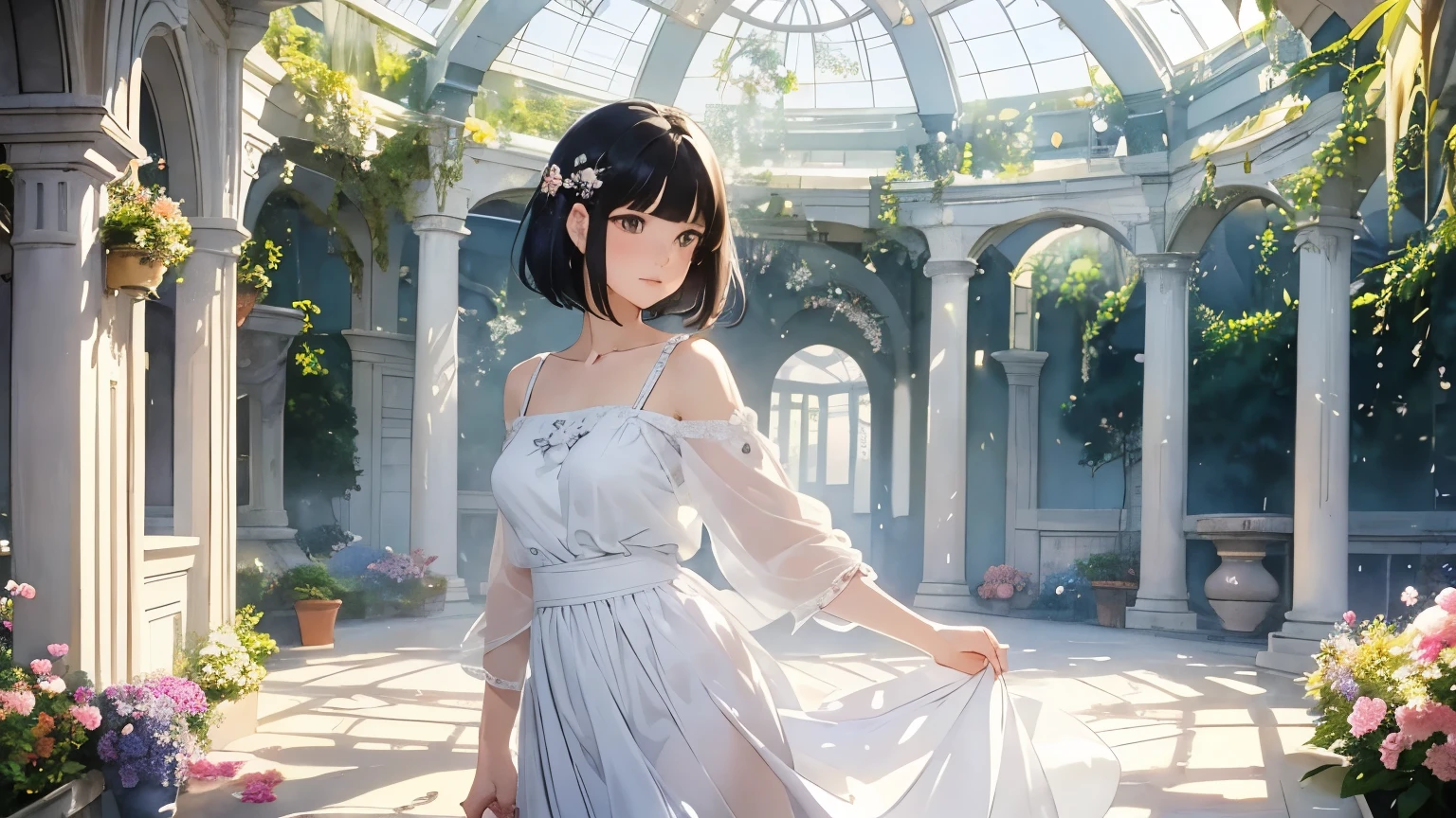 ( Woman 1)、18 years old、    Medium Short Hair 、  black hair、  hair with braids、  White Blouse and Long Skirt  、  One Piece、   cinematic lights  、Soft light、Indoor Plant Garden  、dome、(  lots of flowers  )、 Garden with Dancing Petals  、   blur the background  、((    Sargent Style Watercolor Ruins))、(  anime art)、(  best quality  、Masterpiece、  high resolution)、