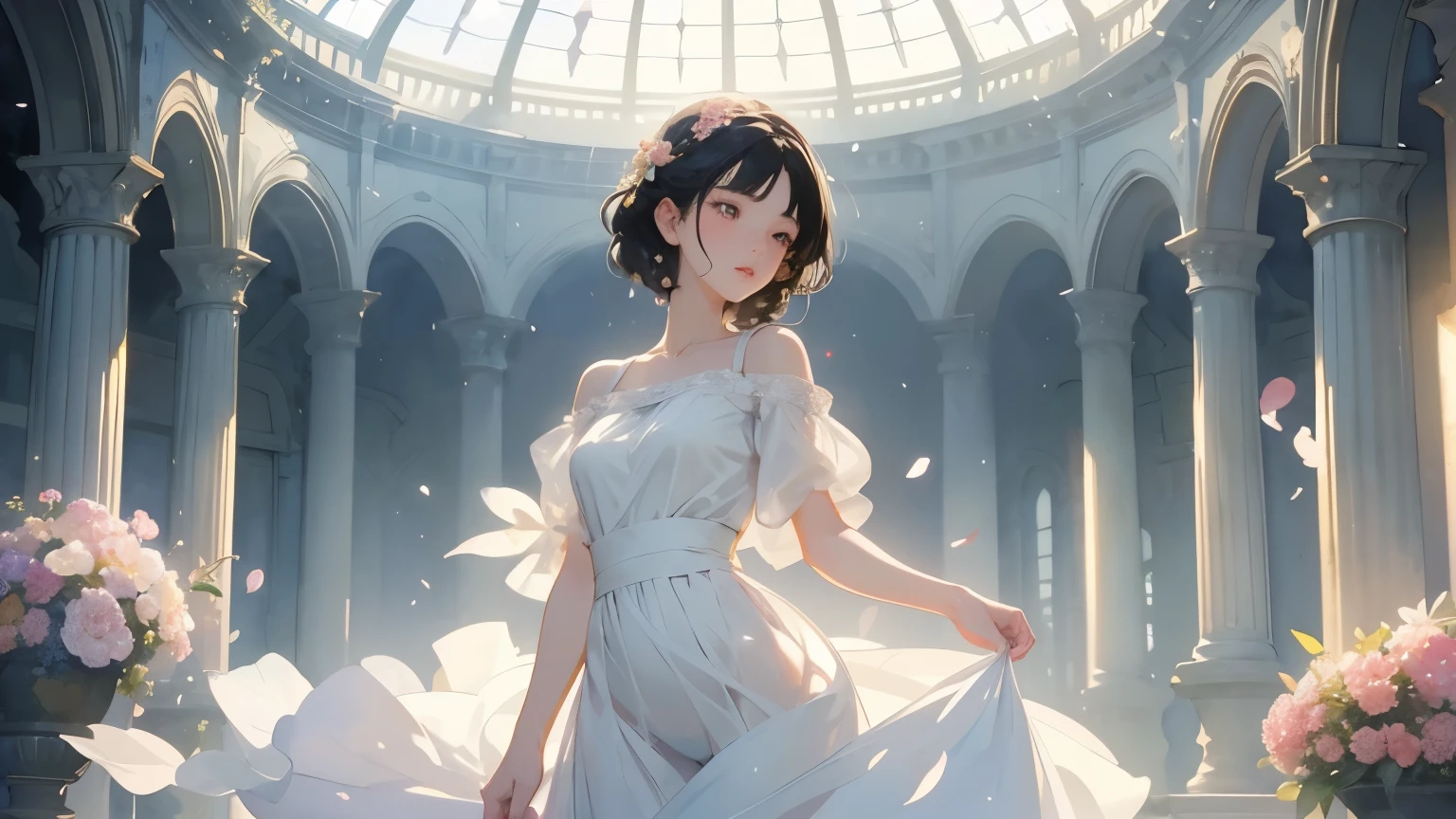 ( Woman 1)、18 years old、 Medium Short Hair 、 black hair、 hair with braids、 White Blouse and Long Skirt 、 One Piece、 cinematic lights 、Soft light、Indoor Plant Garden 、dome、( lots of flowers )、 Garden with Dancing Petals 、 blur the background 、(( Sargent Style Watercolor Ruins))、( anime art)、( best quality 、Masterpiece、 high resolution)、