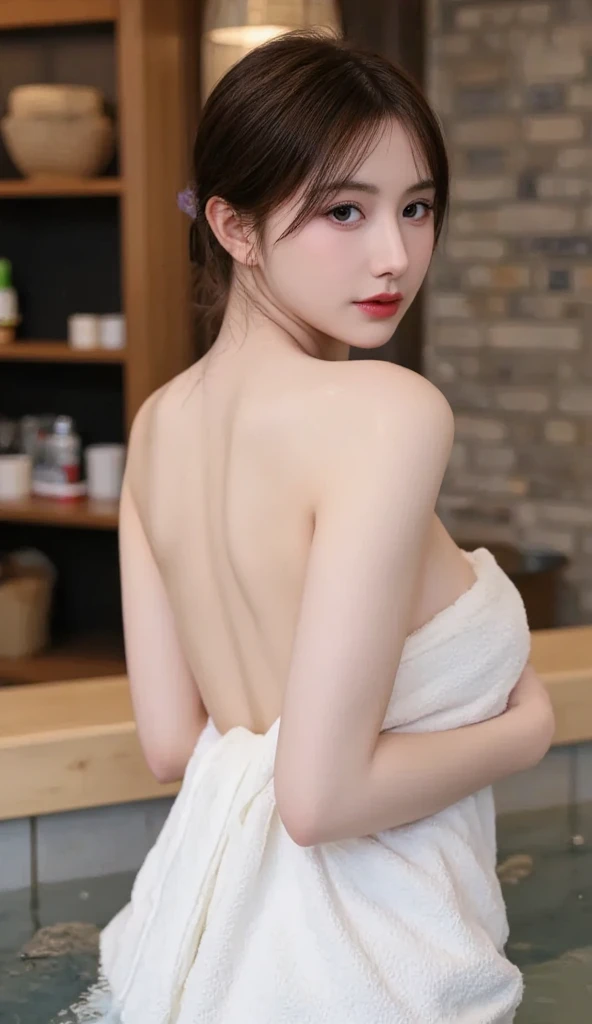 Beautiful young girl, short hair, bangs, beautiful eyes, beautiful face, looking to the viewer, raw photo, 8k, high detailed, ((in the bathroom:1.3)), ((NAKED)), ((big boobs)), ((show her back)), pale lips, white skin, textured skin, (high detailed skin), ((detailed-fingers)), detailed fingers, big boobs, ((seductive poses)), perfect body, perfect face