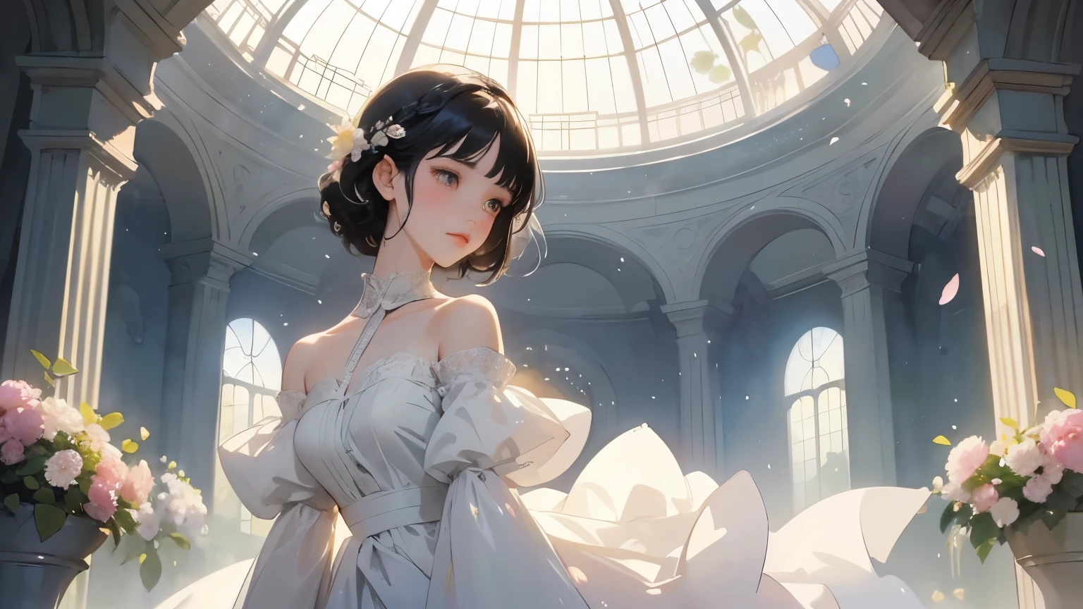 ( Woman 1)、18 years old、    Medium Short Hair 、  black hair、  hair with braids、  White Blouse and Long Skirt  、  One Piece、   cinematic lights  、Soft light、Indoor Plant Garden  、dome、(  lots of flowers  )、 Garden with Dancing Petals  、   blur the background  、((    Sargent Style Watercolor Ruins))、(  anime art)、(  best quality  、Masterpiece、  high resolution)、