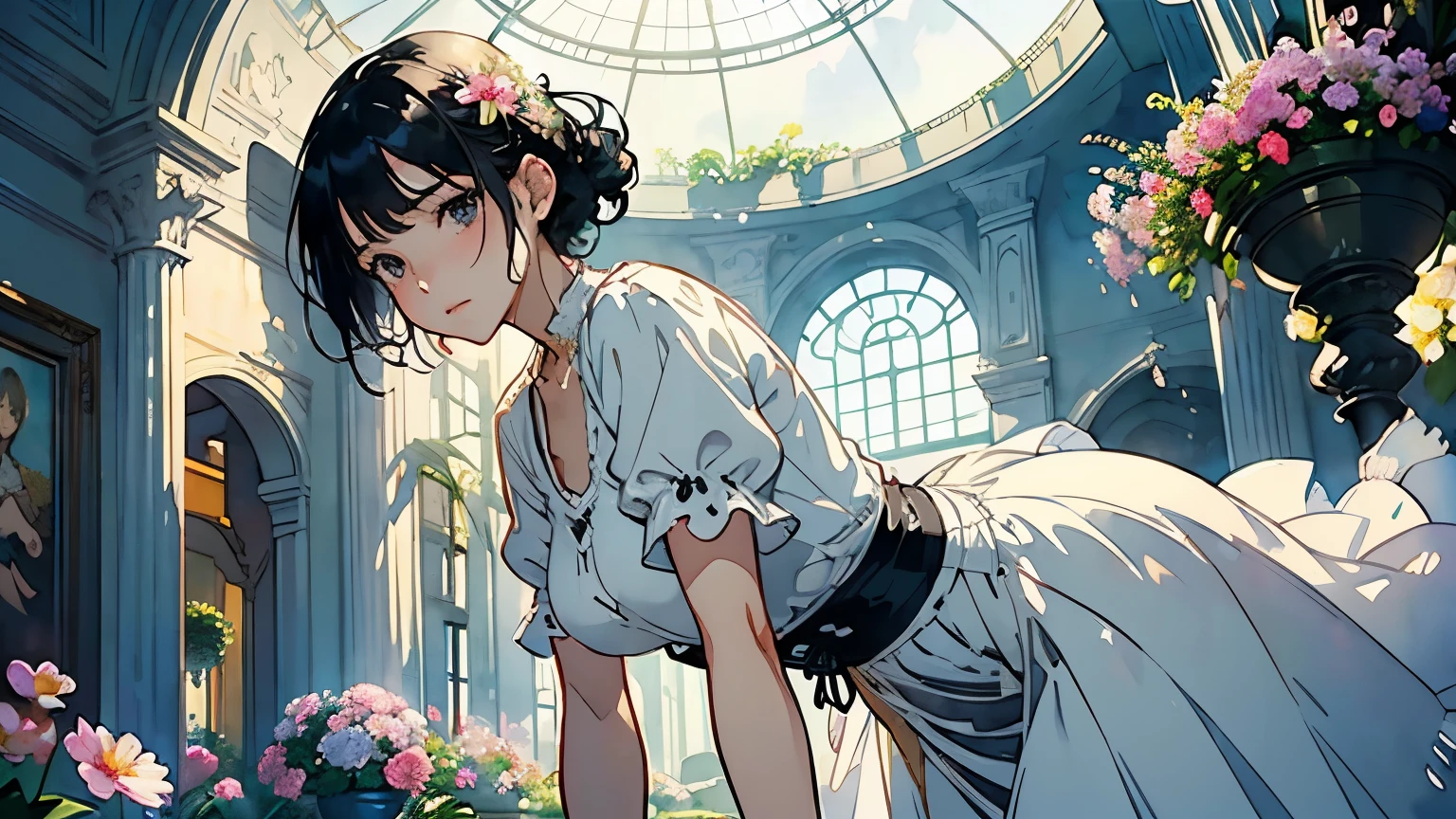 ( Woman 1)、18 years old、    Medium Short Hair 、  black hair、  hair with braids、  White Blouse and Long Skirt  、  One Piece、   cinematic lights  、Soft light、Indoor Plant Garden  、dome、break (  lots of flowers  :1.2 )、 Garden with Dancing Petals  、   blur the background  、((    Sargent Style Watercolor Ruins))、(  anime art)、(  best quality  、Masterpiece、  high resolution)、
