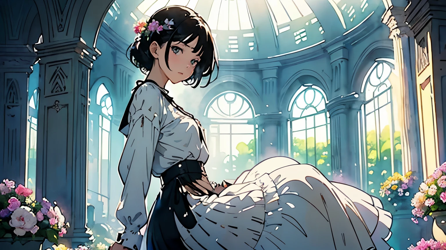 ( Woman 1)、18 years old、 Medium Short Hair 、 black hair、 hair with braids、 White Blouse and Long Skirt 、 One Piece、 cinematic lights 、Soft light、Indoor Plant Garden 、dome、break ( lots of flowers :1.2 )、 Garden with Dancing Petals 、 blur the background 、(( Sargent Style Watercolor Ruins))、( anime art)、( best quality 、Masterpiece、 high resolution)、