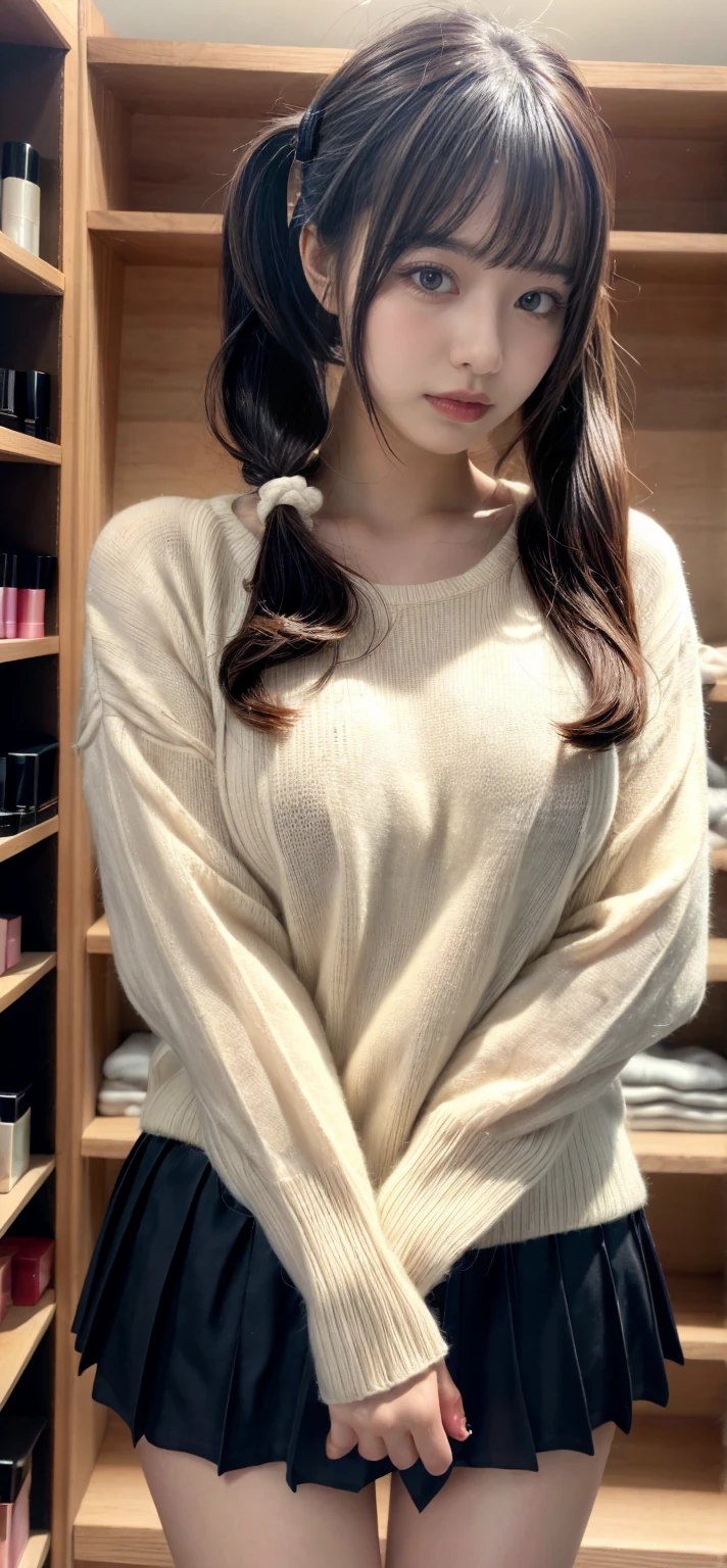 21yo girl,blue hair,bob hair, (wearing big dark blue sweater),(wearing white skirt), (dark blue sweater), natural medium breast, plump body,single sidelock hairpin blush modern cinematic lighting,ray tracing,drop shadow wide shot UHD,textured skin,high details,best quality 4K
