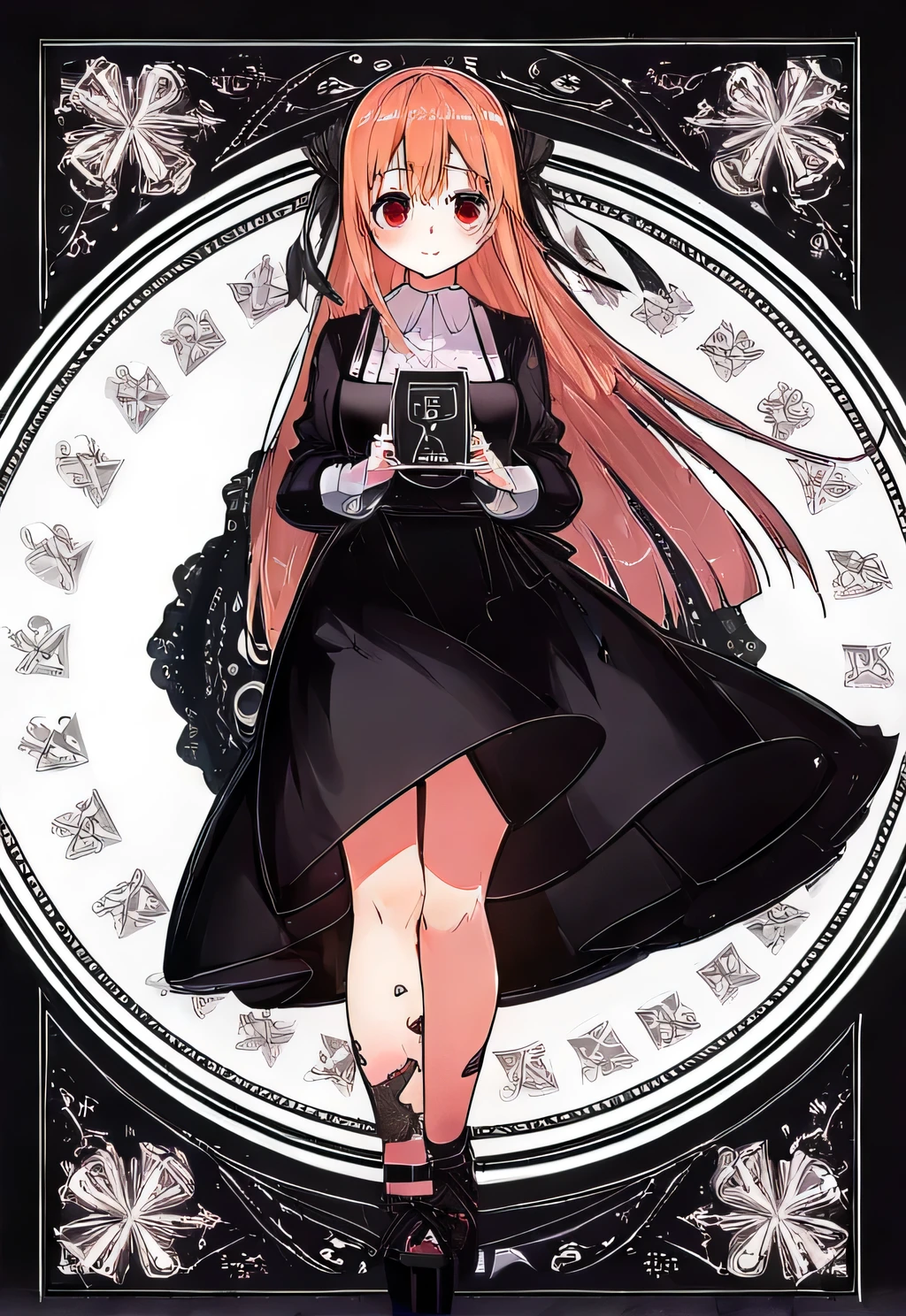 Kaguya, in a black dress and white collared shirt, wearing a black dress, goth, goth background, (full body))best quality,1girl, Solo, Long Hair, High Resolution, Masterpiece, Accurate, Anatomically Correct, Award Winning, Best Quality, Damaged, Detail, High Details, Quality, Super Detailed, UHD, Textured Skin, Retina, High Quality, 