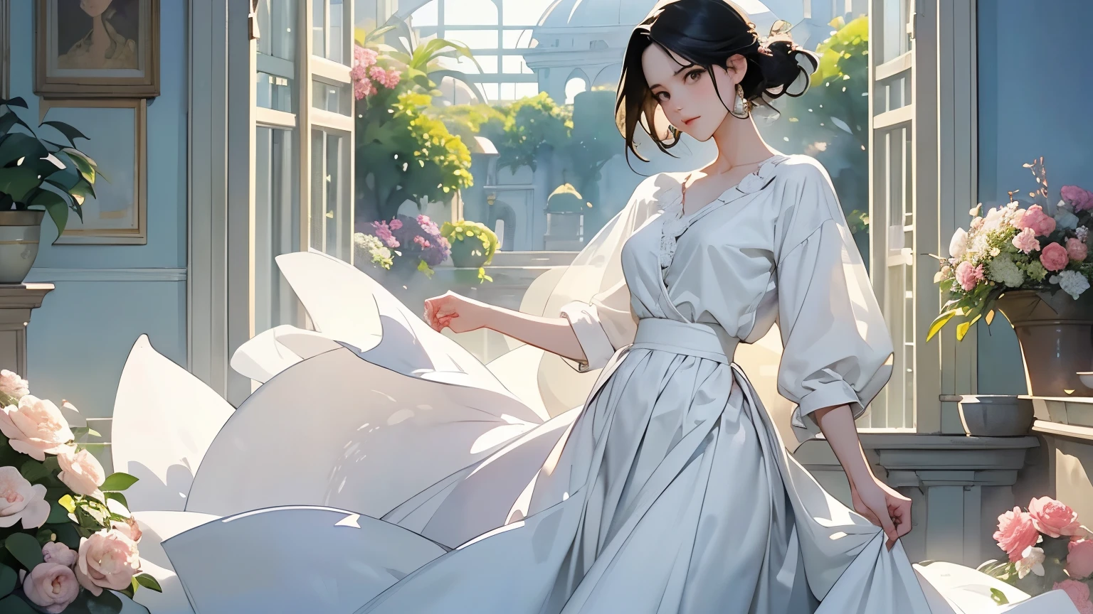 ( Woman 1)、18 years old、 Medium Short Hair 、 black hair、 hair with braids、 White Blouse and Long Skirt 、 One Piece、 cinematic lights 、Soft light、Indoor Plant Garden 、dome、break ( lots of flowers :1.2 )、 Garden with Dancing Petals 、 blur the background 、(( Sargent Style Watercolor Ruins))、( anime art)、( best quality 、Masterpiece、 high resolution)、