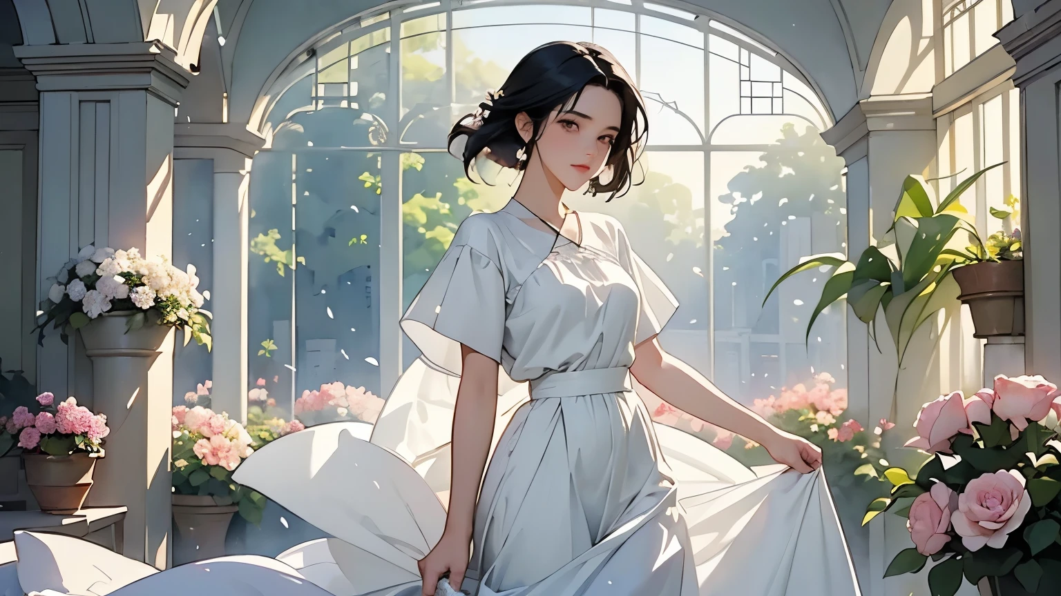 ( Woman 1)、18 years old、 Medium Short Hair 、 black hair、 hair with braids、 White Blouse and Long Skirt 、 One Piece、 cinematic lights 、Soft light、Indoor Plant Garden 、dome、break ( lots of flowers :1.2 )、 Garden with Dancing Petals 、 blur the background 、(( Sargent Style Watercolor Ruins))、( anime art)、( best quality 、Masterpiece、 high resolution)、