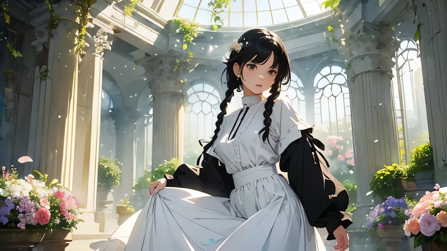 ( Woman 1)、18 years old、 Medium Short Hair 、 black hair、 hair with braids、 White Blouse and Long Skirt 、 One Piece、 cinematic lights 、Soft light、Indoor Plant Garden 、dome、break ( lots of flowers :1.2 )、 Garden with Dancing Petals 、 blur the background 、(( Sargent Style Watercolor Ruins))、( anime art)、( best quality 、Masterpiece、 high resolution)、