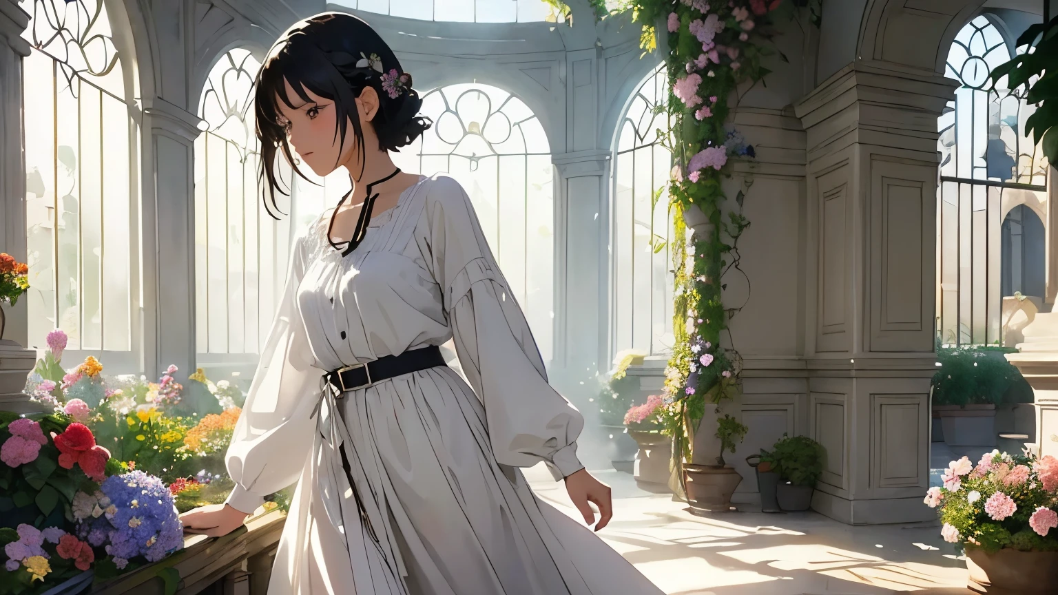 ( Woman 1)、18 years old、 Medium Short Hair 、 black hair、 hair with braids、 White Blouse and Long Skirt 、 One Piece、 cinematic lights 、Soft light、Indoor Plant Garden 、dome、break ( lots of flowers :1.2 )、 Garden with Dancing Petals 、 blur the background 、(( Sargent Style Watercolor Ruins))、( anime art)、( best quality 、Masterpiece、 high resolution)、