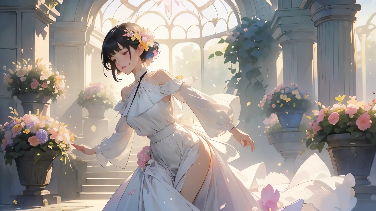 ( Woman 1)、18 years old、 Medium Short Hair 、 black hair、 hair with braids、 White Blouse and Long Skirt 、 One Piece、 cinematic lights 、Soft light、(Indoor Plant Garden ) 、dome、break ( lots of flowers :1.2 )、( colorful flowers :1.2 )、 ( Garden with Dancing Petals :1.2)、 blur the background 、(( Sargent Style Watercolor Ruins))、( anime art)、( best quality 、Masterpiece、 high resolution)、