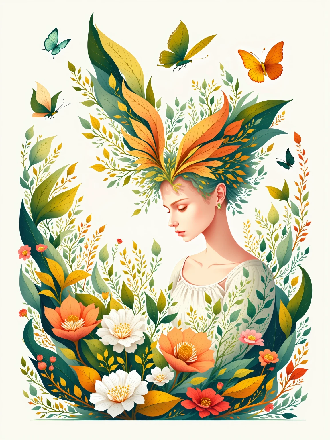 flat illustration，Girl with butterfly head, Surrounded by colorful gardens, Soft and soothing colors, vibrant flowers, butterflies flying around, gentlesunlight, dreamlike atmosphere, detailed and actual features, smooth strokes, oil painting medium, High quality and high resolution, Magical and surreal style, Charming and imaginative scenes, happy and calm mood, Intricate patterns on butterfly wings, Delicate petals and leaves, composition, Ethereal and charming atmosphere, girl calm expression, grab the audience's attention, a masterpiece that evokes emotions and sparks creativity. (best quality, 4K, high resolution, masterpiece:1.2), Super detailed, actual:1.37, Vector art style, bright colors, soft light, charming garden, Magical butterflies