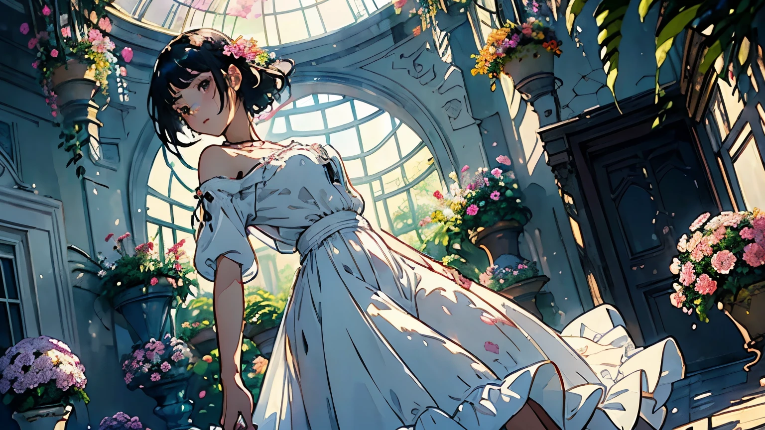 ( Woman 1)、18 years old、 Medium Short Hair 、 black hair、 hair with braids、 White Blouse and Long Skirt 、 One Piece、 cinematic lights 、Soft light、(Indoor Plant Garden ) 、dome、break ( lots of flowers :1.2 )、( colorful flowers :1.2 )、 ( Garden with Dancing Petals :1.2)、 blur the background 、(( Sargent Style Watercolor Ruins))、( anime art)、( best quality 、Masterpiece、 high resolution)、