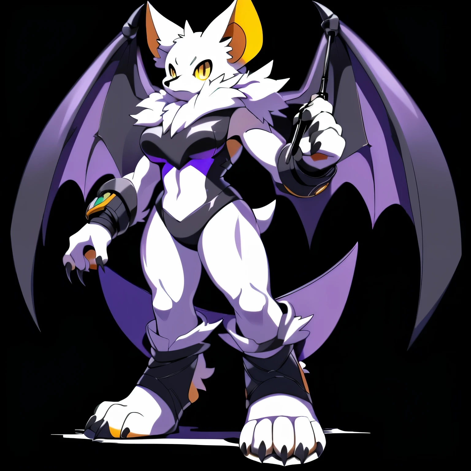 Anime, anime style, ((single person:2)), ((solo drawing:2)), ((solo:2)), ((sfw version:1.5)), ((Three-Quarter view)), ((female Anthro bat)), ((Tall figure)), ((buxom figure)), ((white fur)), ((Single Pair of Wings)), ((Huge Bat Wings)), ((Purple and black Bat Wings:1.5)), ((white bat ears)), ((white face)), ((neutral expression)), vivid yellow eyes, ((digitigrade legs)), ((digitigrade feet)), ((solid black background)), highly detailed anime style, clean lines, white face, short white muzzle, white furry cheeks, white furry muzzle, ((white foot paws)), ((foot paws with four toes)), ((claws))