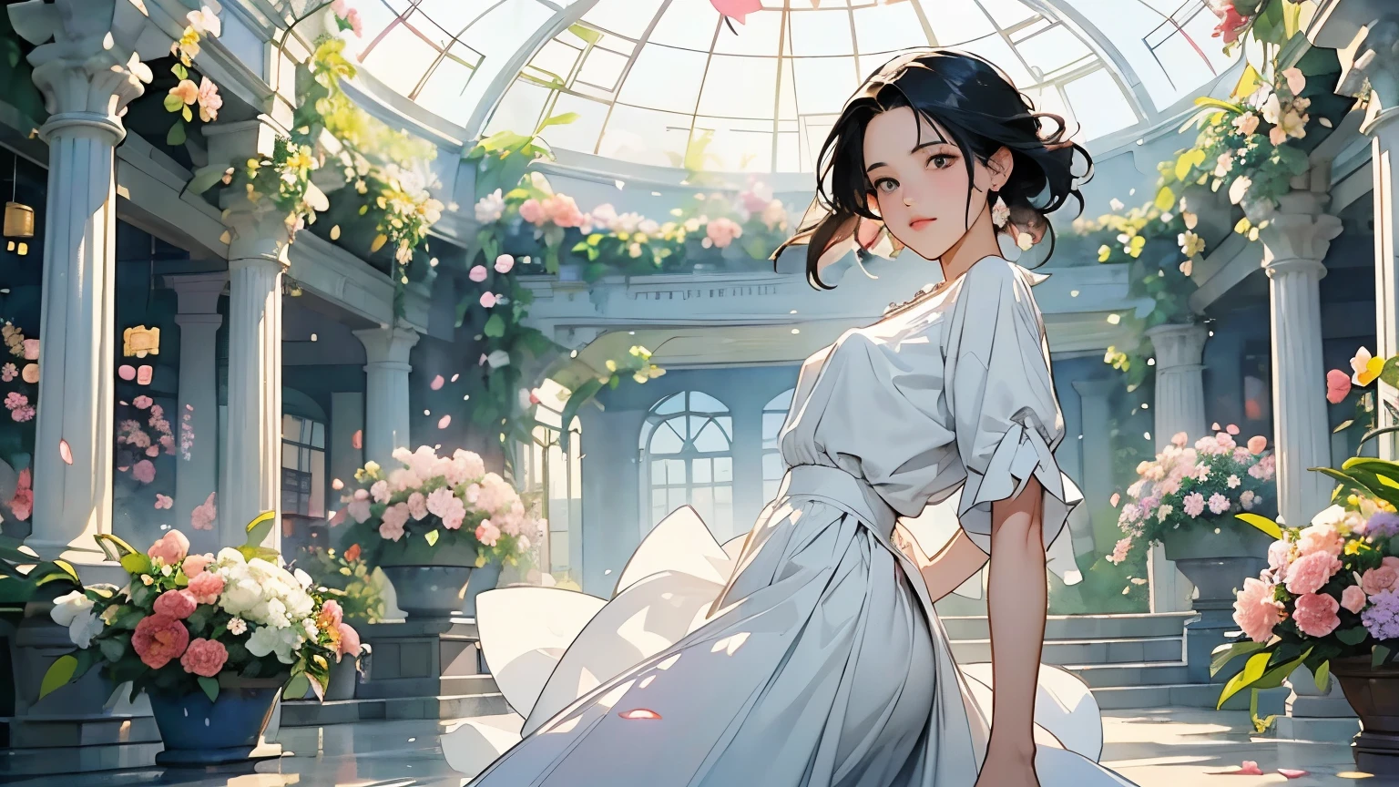 ( Woman 1)、18 years old、    Medium Short Hair 、  black hair、  hair with braids、  White Blouse and Long Skirt  、  One Piece、   cinematic lights  、Soft light、(Indoor Plant Garden ) 、dome、break (  lots of flowers  :1.2 )、(  colorful flowers :1.2 )、 ( Garden with Dancing Petals  :1.2)、   blur the background  、((    Sargent Style Watercolor Ruins))、(  anime art)、(  best quality  、Masterpiece、  high resolution)、