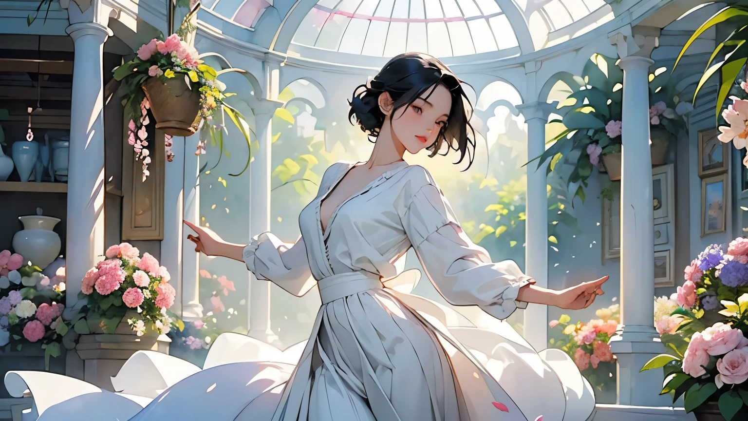 ( Woman 1)、18 years old、 Medium Short Hair 、 black hair、 hair with braids、 White Blouse and Long Skirt 、 One Piece、 cinematic lights 、Soft light、(Indoor Plant Garden ) 、dome、break ( lots of flowers :1.2 )、( colorful flowers :1.2 )、 ( Garden with Dancing Petals :1.2)、 blur the background 、(( Sargent Style Watercolor Ruins))、( anime art)、( best quality 、Masterpiece、 high resolution)、