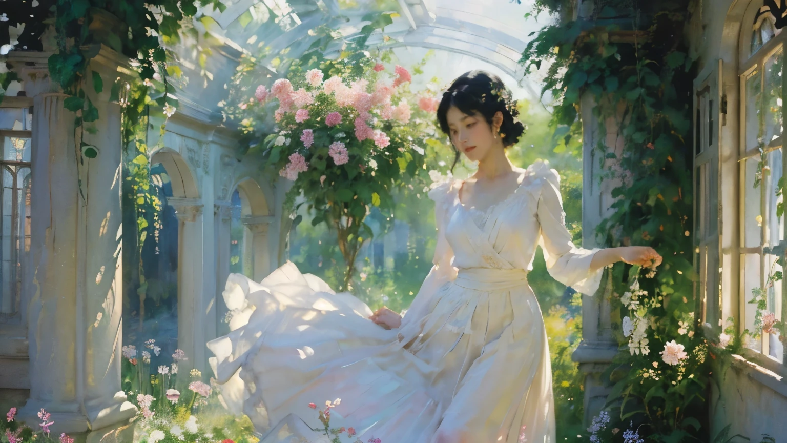 ( Woman 1)、18 years old、 Medium Short Hair 、 black hair、 hair with braids、 White Blouse and Long Skirt 、 One Piece、 cinematic lights 、Soft light、(Indoor Plant Garden ) 、dome、break ( lots of flowers :1.2 )、( colorful flowers :1.2 )、 ( Garden with Dancing Petals :1.2)、 blur the background 、(( Sargent Style Watercolor Ruins))、( anime art)、( best quality 、Masterpiece、 high resolution)、